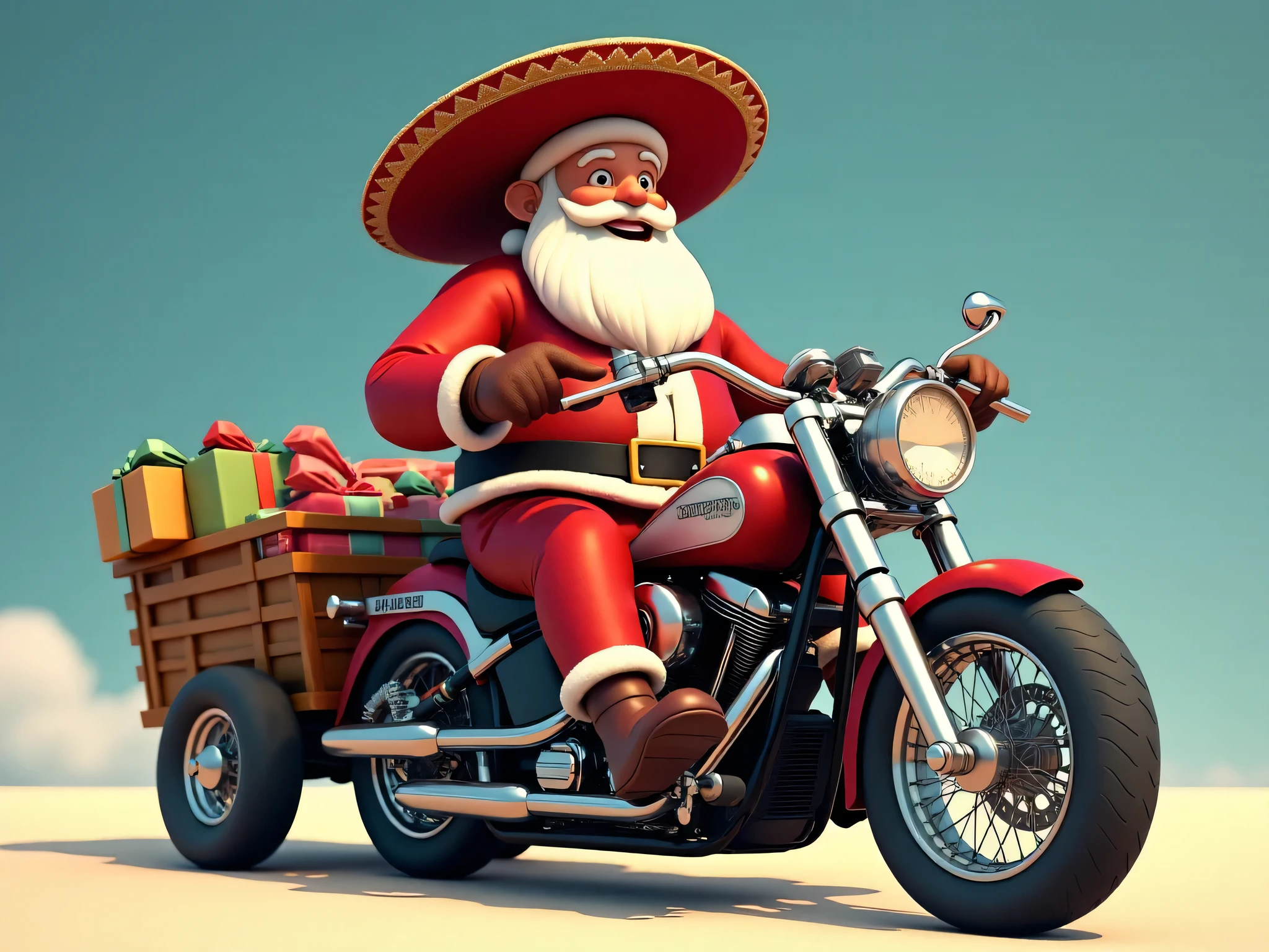 Pixar style Santa dressed as a traditional Mexican sitting on a Chopper style motorbike with Mexican folklore trinkets on the handlebars of the bike, behind the bike a cart is attached with loose presents. The background of the image is transparent,  ultra detailed, masterpiece, 8k