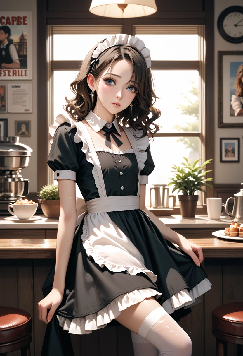 beautiful adult anime  woman, fit, small muscles, long brunette braided hair, maid dress with petticoat, opaque shiny tights, Mary Janes, waiting outside store, standing