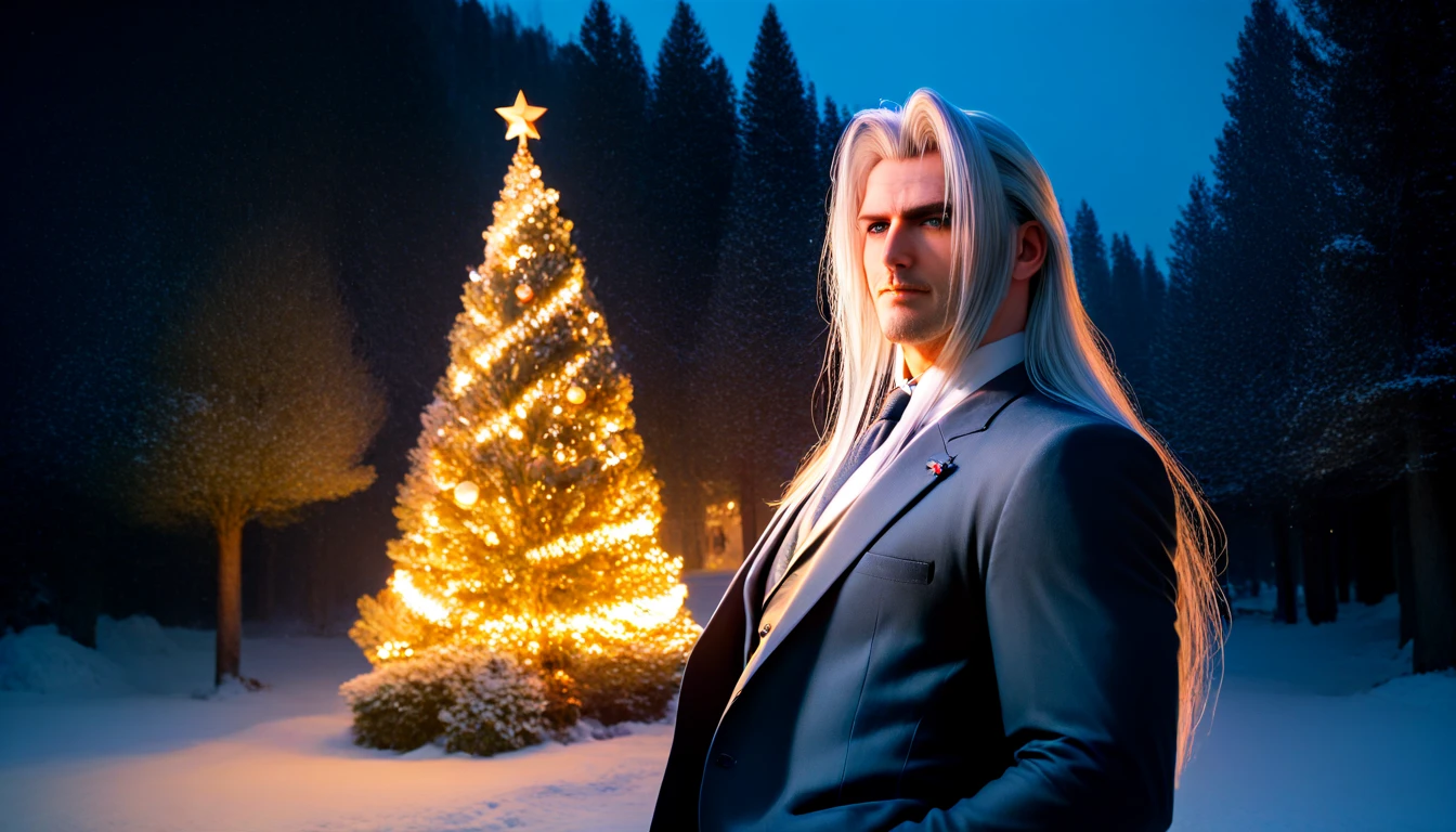  Sephiroth Christmas tree with a winter forest in the background , handsome charming man, Macho,   behind a huge pine tree,  high quality photo,  masterpiece fails, professional shooting ,  professional lighting , 2k, detail