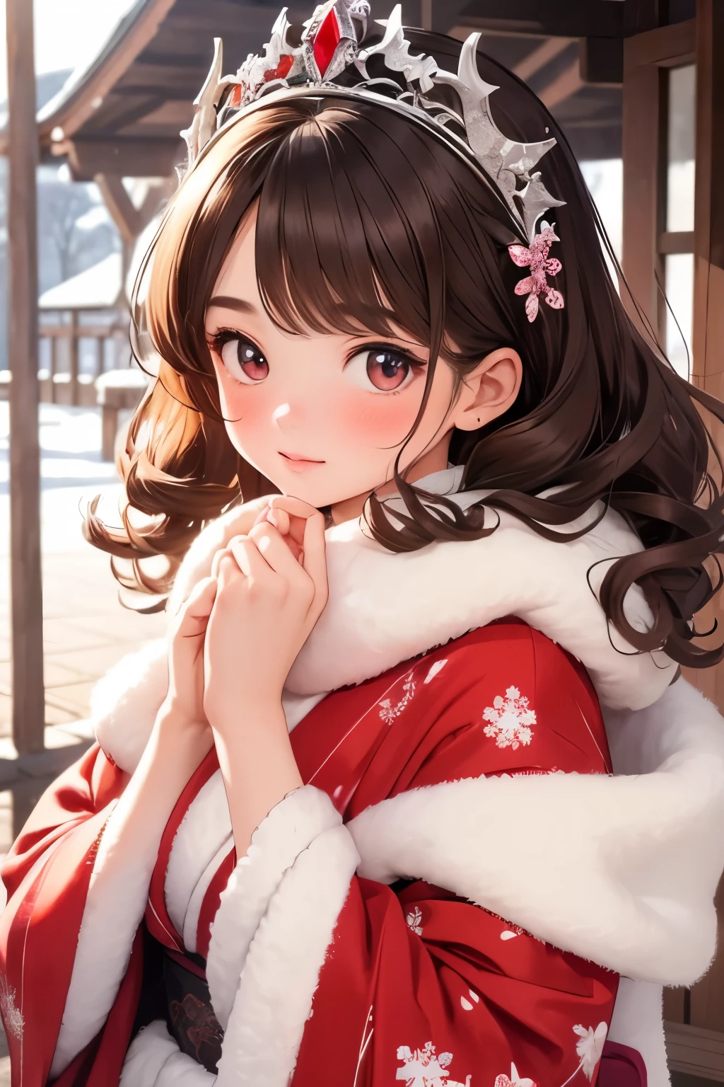  masterpiece， top quality,     girl,  young   girl，cute ,     brunette    ,  Curly Hair, evil      girl,    Beautiful kimono，    warm scarf  ，  tiara    ，   your face looks like it emphasizes gentle warm colors   ，    bright color，   character，winter，winterの雪景色，White Breath，