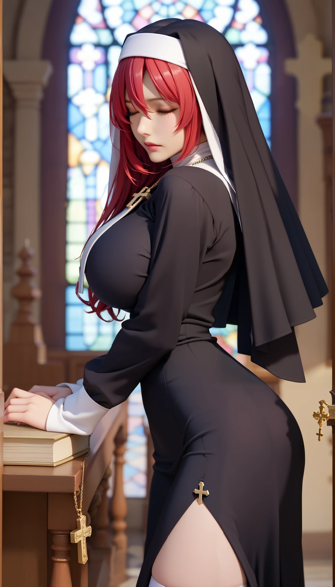  long red hair ,Straight Hair, bangs,Hair in the middle of the eye， looking at the camera, huge  ，figure，完美figure,long sleeves,nun,habit,nun,habit,dress,black dress,long dress,catholic，White underwear, white suspender stockings，Cross necklace on chest，Cleavage,(huge_is:1.2),(jitome:1.3),(wince:1.5),