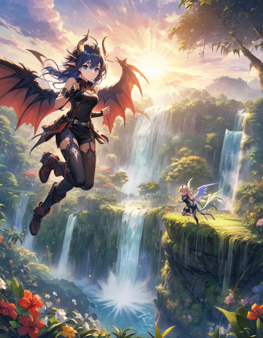 zPDXL, 1 astonishingly beautiful jungle landscape, sunrise, fruit trees, flowers, waterfall, attractive dragon girl with wings, jumps on the spectator in combat readiness, detailed blue eyes, smiles, twisted horns, graceful hero clothing, sun ray, 4K, detailed background