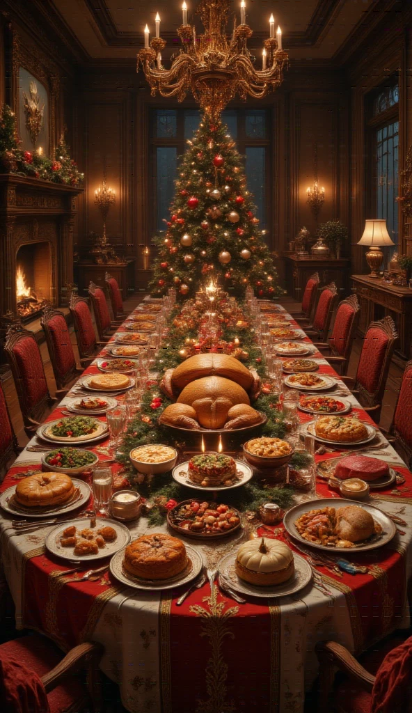 masterpiece, 8k, HDR, 3 D, best quality, photography, analog style, real life, extremely beautiful, (highly detailed, intricately detailed), An image of a large, festively decorated table in the center of a warm dining room. The table is covered with a red and white tablecloth, with gold candlesticks and pine garlands as decoration. Elegant plates, crystal glasses and sparkling cutlery have been arranged around it. A golden roast turkey stands out in the center of the table, accompanied by a platter of pineapple-glazed ham. There are heaping plates of scalloped potatoes, green bean casseroles and a variety of fresh salads. There is no shortage of cakes and pies, with an apple pie and a pumpkin pie emanating a delicious aroma. A platter of Christmas cookies decorated with colorful icing and a tray of fresh fruit add a finishing touch to this festive abundance. To one side, a fireplace flickers softly, completing the warm and cozy atmosphere of the Christmas celebration.