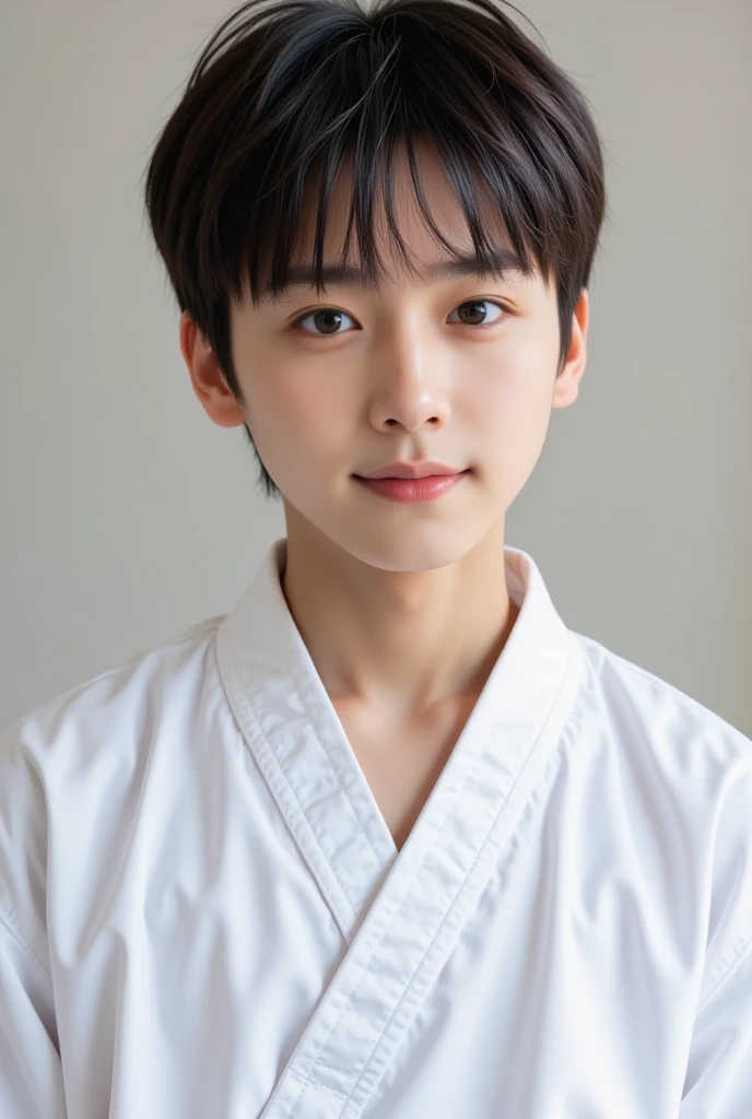 handsome mix korean japanese ten year old, boy, short black hair, black detailed eyes, gentle smile, sharp eyebrows, round face, cool, detailed face, small nose, in full taekwondo uniform, facing left, wearing black belt , (((full body)))