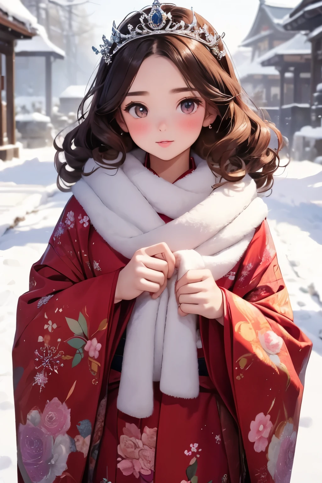  masterpiece， top quality,     girl,  young   girl，cute ,     brunette    ,  Curly Hair, evil      girl,    Beautiful kimono，    warm scarf  ，  tiara    ，   your face looks like it emphasizes gentle warm colors   ，    bright color，   character，winter，winterの雪景色，White Breath，