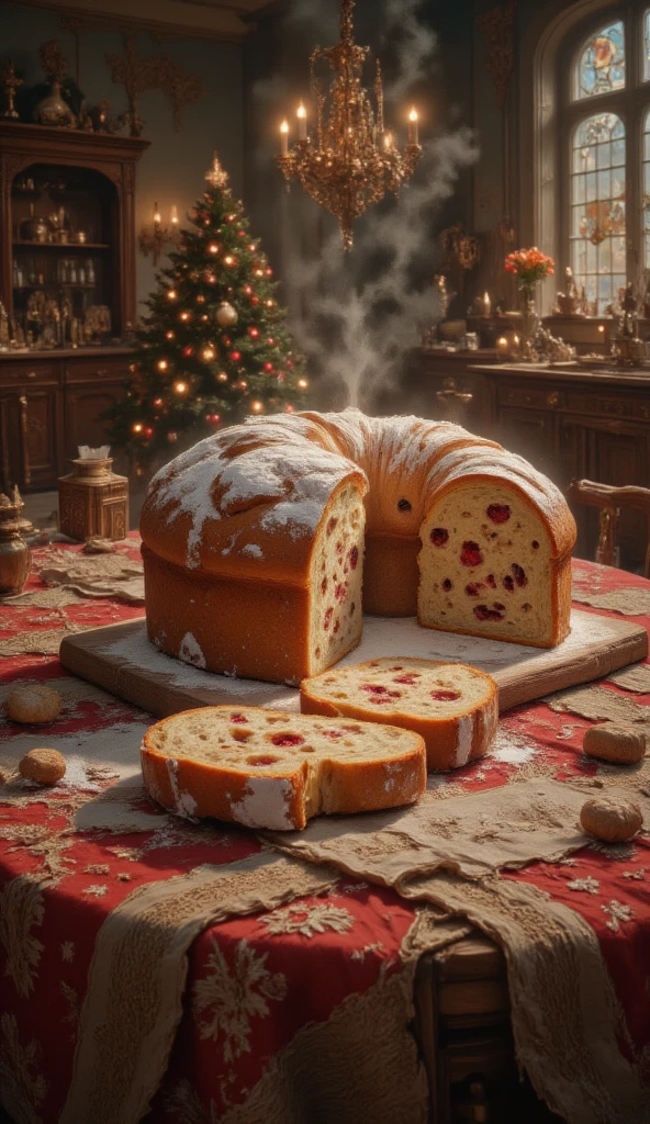 masterpiece, 8k, HDR, 3 D, best quality, photography, analog style, real life, extremely beautiful, (highly detailed, intricately detailed), a picture of a Stollen: A German sweet bread filled with dried fruit, nuts and a touch of rum or brandy, coated in powdered sugar, on a table with a festive tablecloth, in a Christmas decorated home