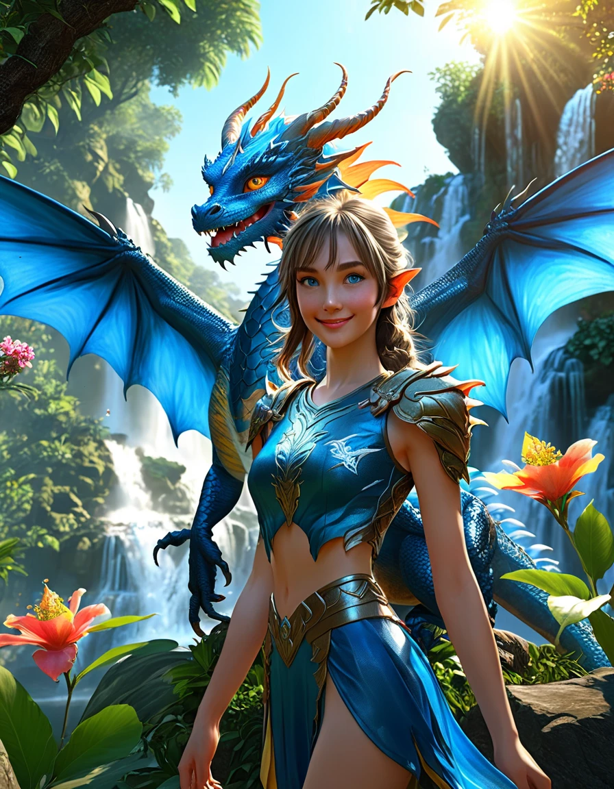 zPDXL, 1 astonishingly beautiful jungle landscape, sunrise, fruit trees, flowers, waterfall, attractive dragon girl with wings, jumps on the spectator in combat readiness, detailed blue eyes, smiles, twisted horns, graceful hero clothing, sun ray, 4K, detailed background