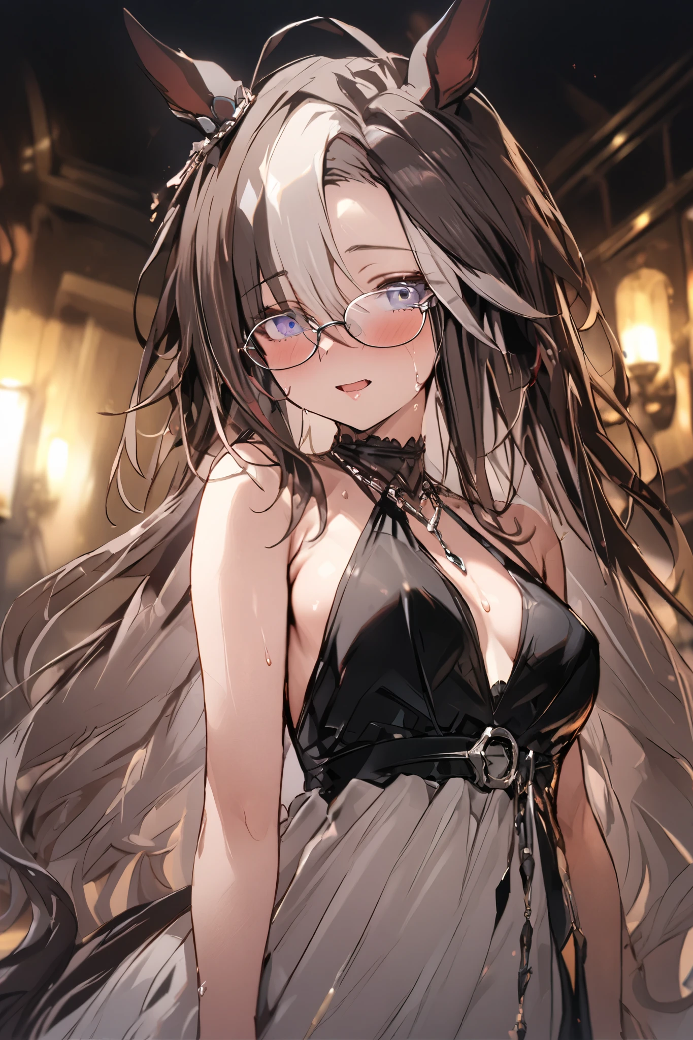 NSFW,masterpiece, top quality, high definition , very detailed,Dream Journey,Dream Journey\(Horse Girl\),Glasses,Two-tone hair, Evening Dress ,Chest cut-in