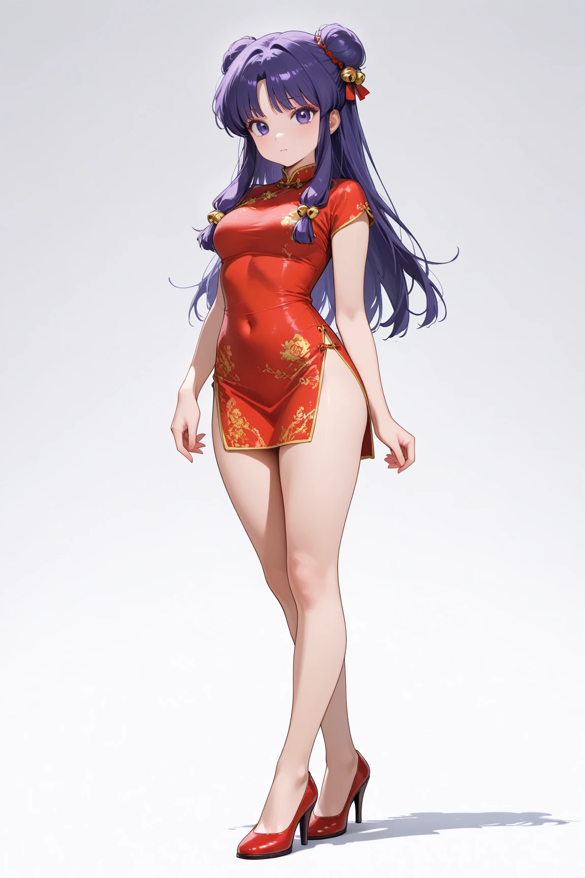 (solo:1.3),1girl\(shampoo, character of anime\(Ranma1/2\),cute,sexy, long hair, looking at viewer, bangs, simple background, hair ornament, white background, dress, purple eyes, full body, purple hair, sidelocks, hair bun, bell, double bun, chinese clothes, short dress, red footwear, china dress, hair bell,eyeshadow).background\( simple chinese design,white 1cat\). BREAK .quality\(8k,wallpaper of extremely detailed CG unit, high resolution, top-quality, top-quality real texture skin, hyper realistic, increase the resolution, RAW photos, best quality, highly detailed, the wallpaper, golden ratio, high saturation realism, vibrant colors, dramatic lighting, persuasive storytelling, atmospheric scenery, captivating visuals, intricate details, strong emotions, dreamlike world\),(dynamic angle:1.4)