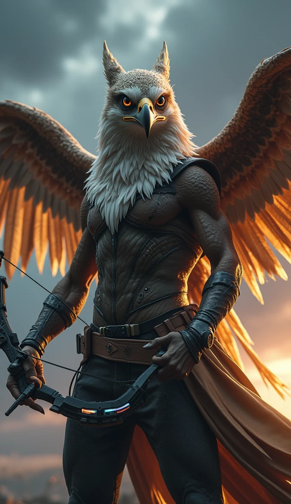 white owl man purple eyes purple bow in hand wind element black shorts
