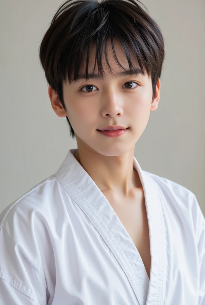 handsome mix korean japanese ten year old, boy, short black hair, black detailed eyes, gentle smile, sharp eyebrows, round face, cool, detailed face, small nose, in full taekwondo uniform, facing left and ready to fight, wearing black belt , (((full body)))