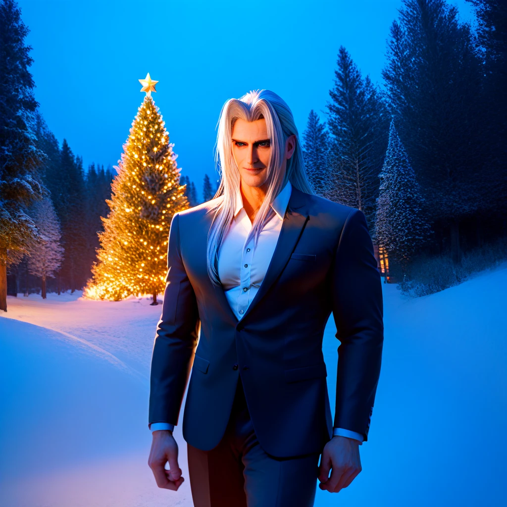  Sephiroth Christmas tree with a winter forest in the background , handsome charming man, Macho,   behind a huge pine tree,  high quality photography,  masterpiece fails, professional shooting ,  professional lighting, 2k, detail