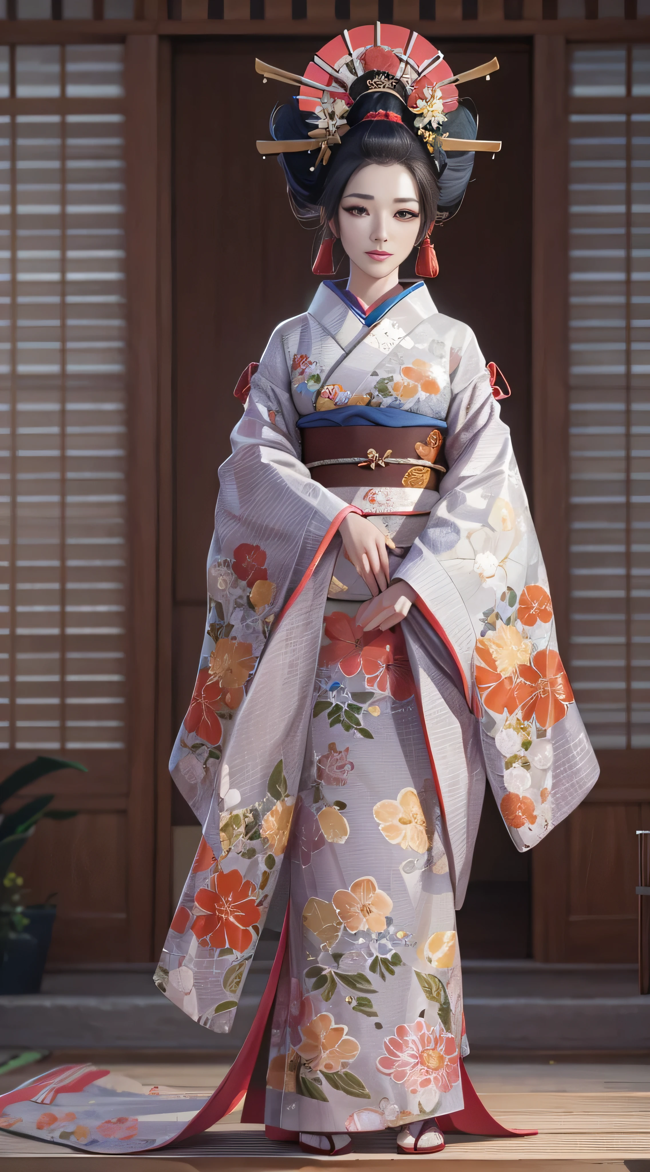 Highly detailed full body portrait of a geisha. 8k,  octane render , Intricately detailed, Symmetric  