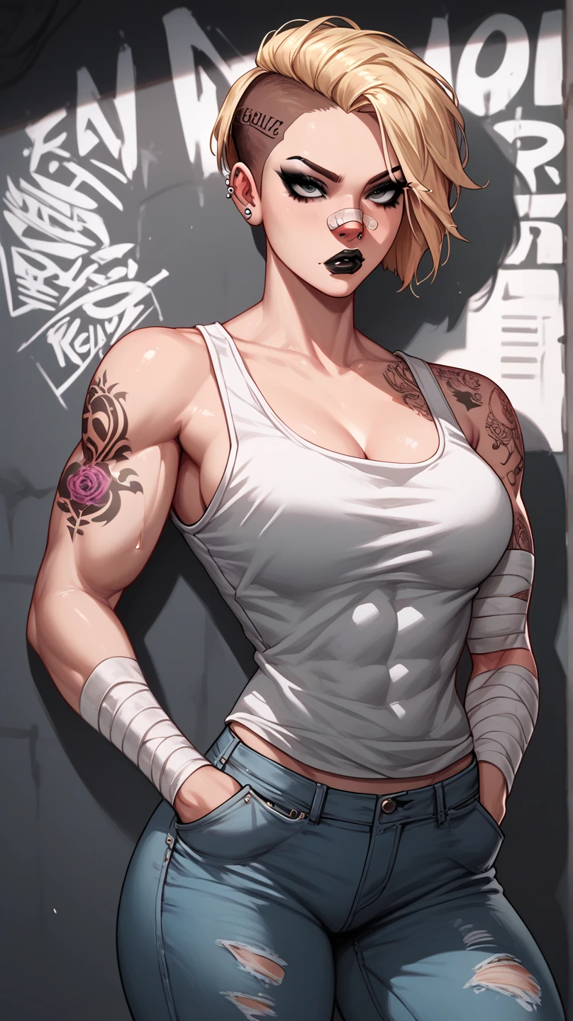 A mean looking woman with blonde short undercut hair, wearing a white tank top and ripped jeans, black makeup, black lips, bandage on nose, tattoo on arm, muscular, leaning against the wall in the alleyway, hands inside pockets, 
