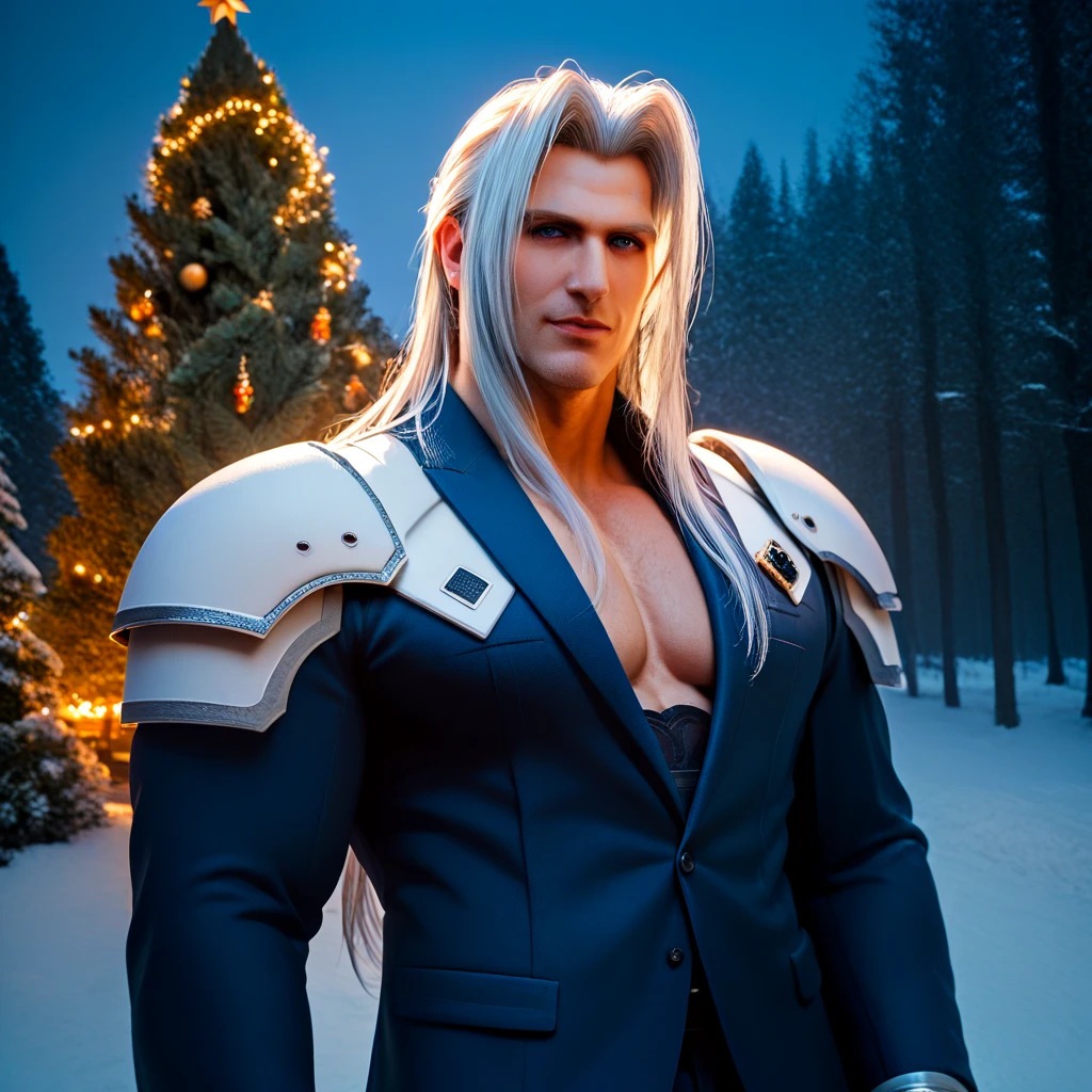  Sephiroth Christmas tree with a winter forest in the background , handsome charming man, Macho, in armor,  behind a huge pine tree,  high quality photography,  masterpiece fails,  professional shooting ,  professional lighting, 2k, detail