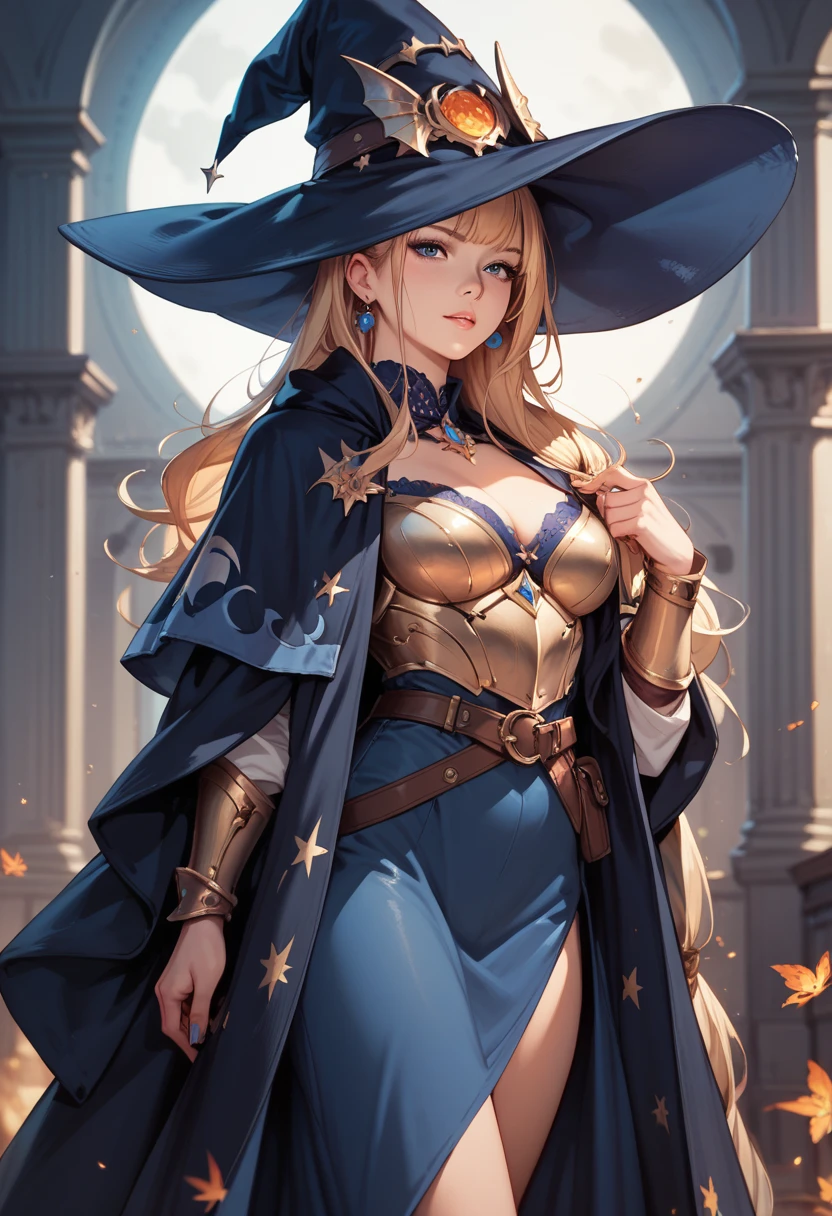 (( straight face picture )) ((best quality)), ((Masterpiece)), (details), Young woman , yellow hair , long hair , tie up hair ,With a red bow , Reserve female magic , blue eyes ,Blue purple set, Gold pattern, wearing a big brimmed hat , Magician , The dress is very beautiful. ,long dress,Smiling faces