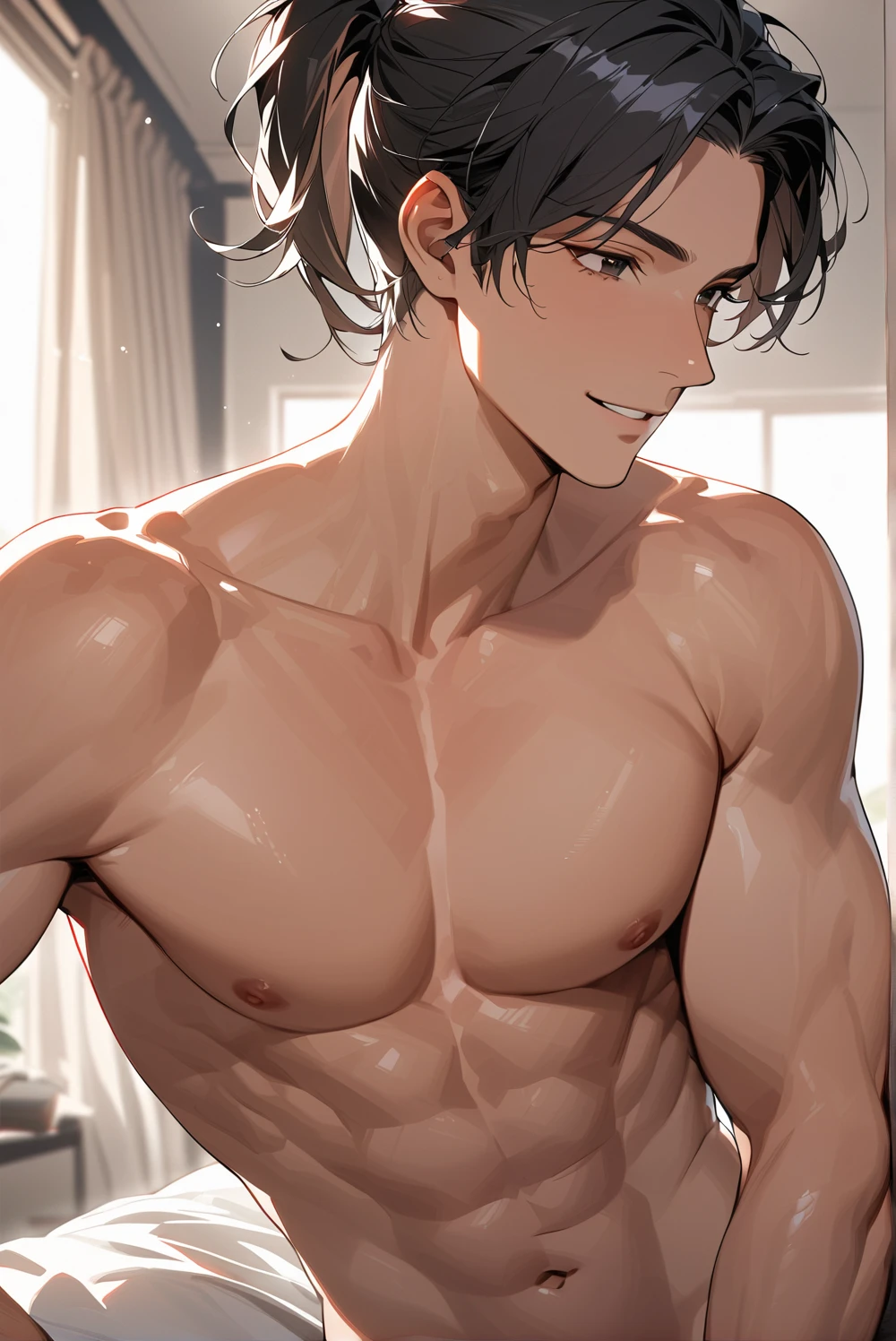 (masterpiece, high resolution, Top quality), unique , 1 male, 29-year-old male , nice , tanned skin , dark haired, man's ponytail , black eyes , sly smile , black skin
