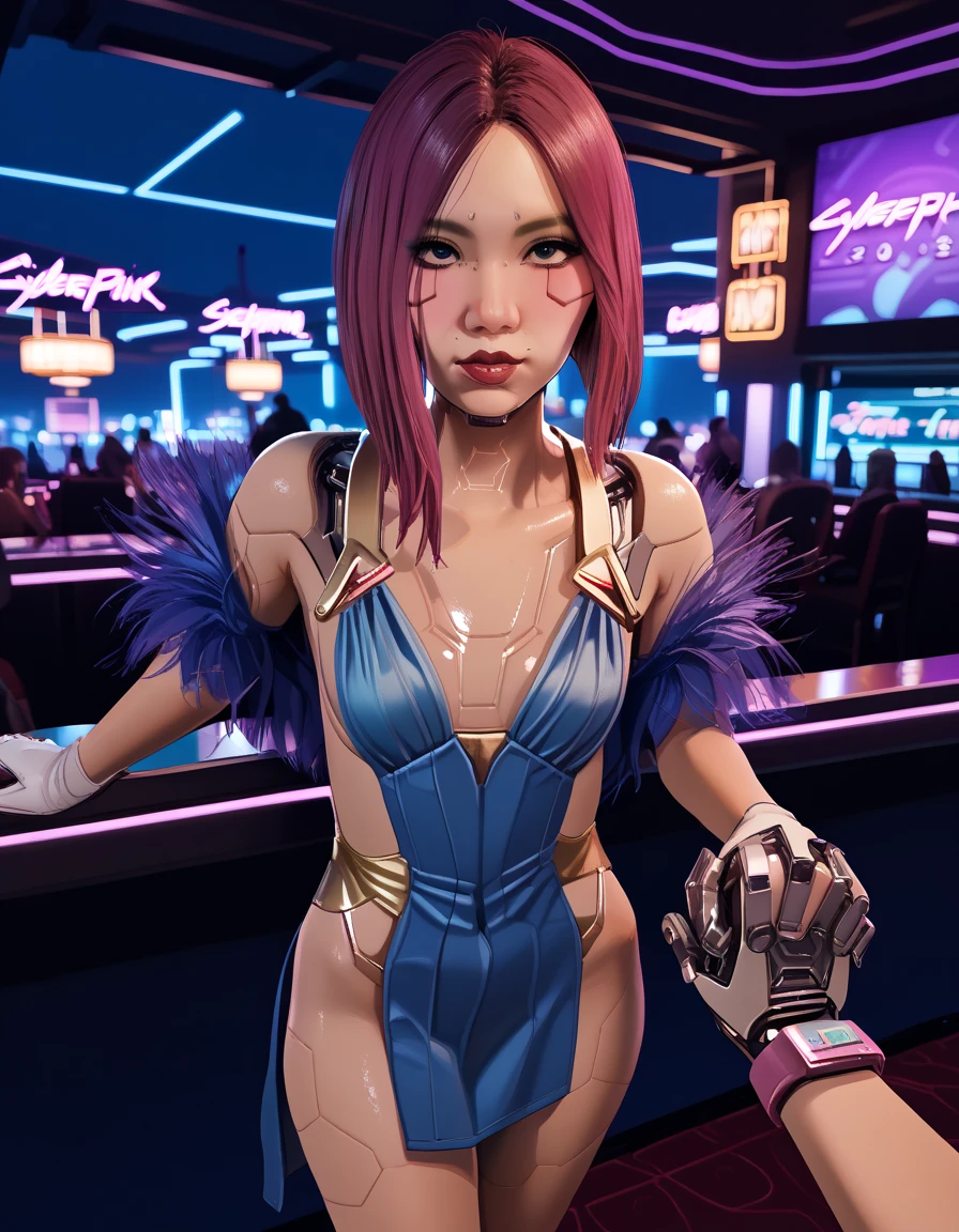 POV NSFW renders of songbird. fancy gold short dress, shapely legs,, pulling in close, ,grabbing the viewers hand, up close, pov, steam, blushing, ,  ,cyberware ., anime, female , , ,,Songbird,,, thighs,, , , (pixel sketcher:1.4),, masterpiece, handholding,    ,pale skin, detailed Bonifasko lighting, [crepuscular ray], best details, purple shorter hair,, real life,, , depth of field, detailed background], cyberpunk high society cocktail party, casino, city at night , fog,female focus, wet, ,skinny, ,pubic hair, hdark lighting, , solo, dirty textures, glowsticks flashing, . , female focus,, ,,  1girl, , .,female, (Songbird cyberpunk 2077 ), (Songbird:1.2), seductive gaze, femme, , ,,small breasts, ,breast sag , clear details, (, realistic textures, , gloves, , 1girl, one girl, 1girl,jiggle, , delicious shading, life-like rendering, cybernetics, back cybernetics, 
