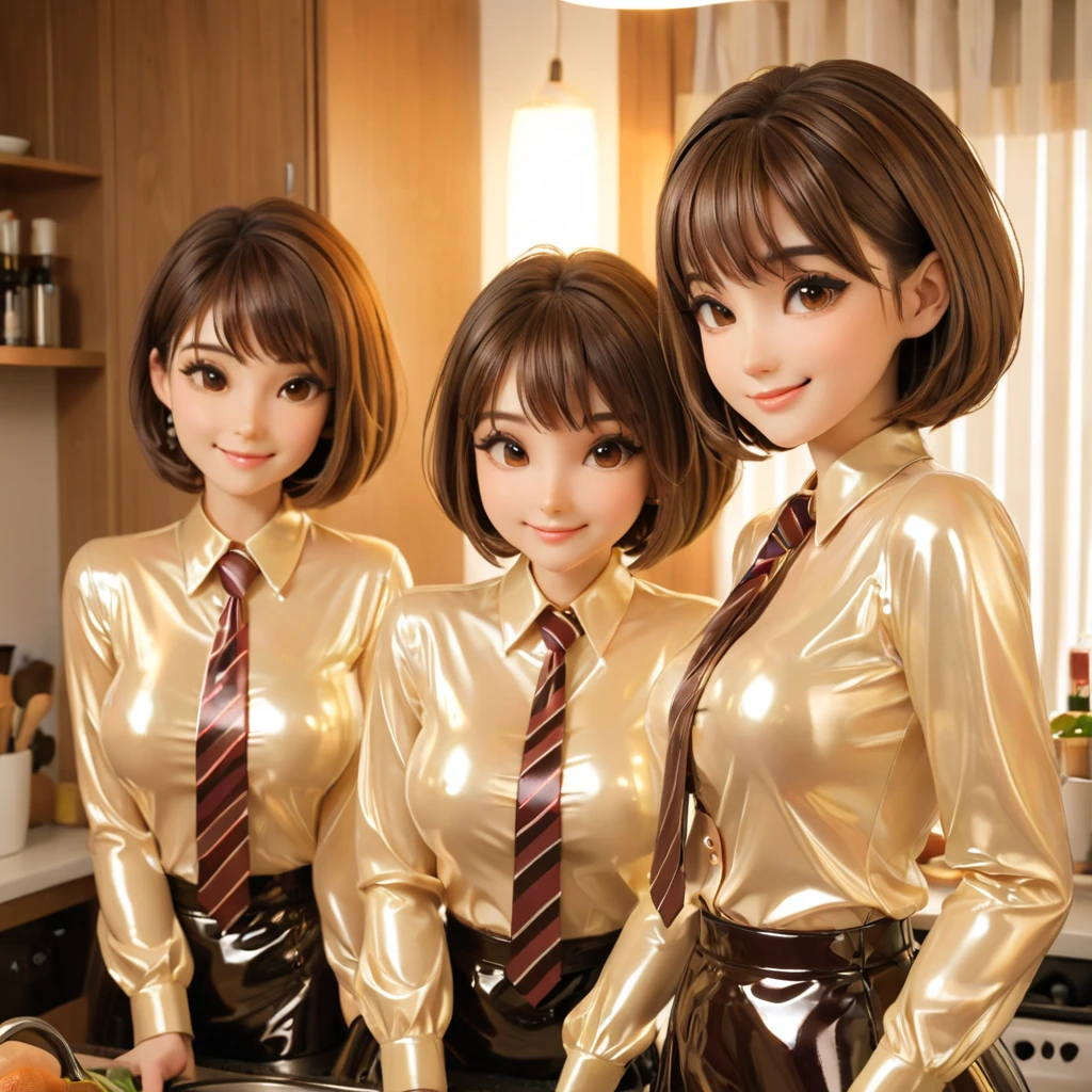 3 girls,  buttoned into extremely tight shiny latex blouse, Necktie, Striped patterns , bob cut, brown hair , Breasts, smile, Lens reflection,  reflecting light ,  are in the apartment cooking 