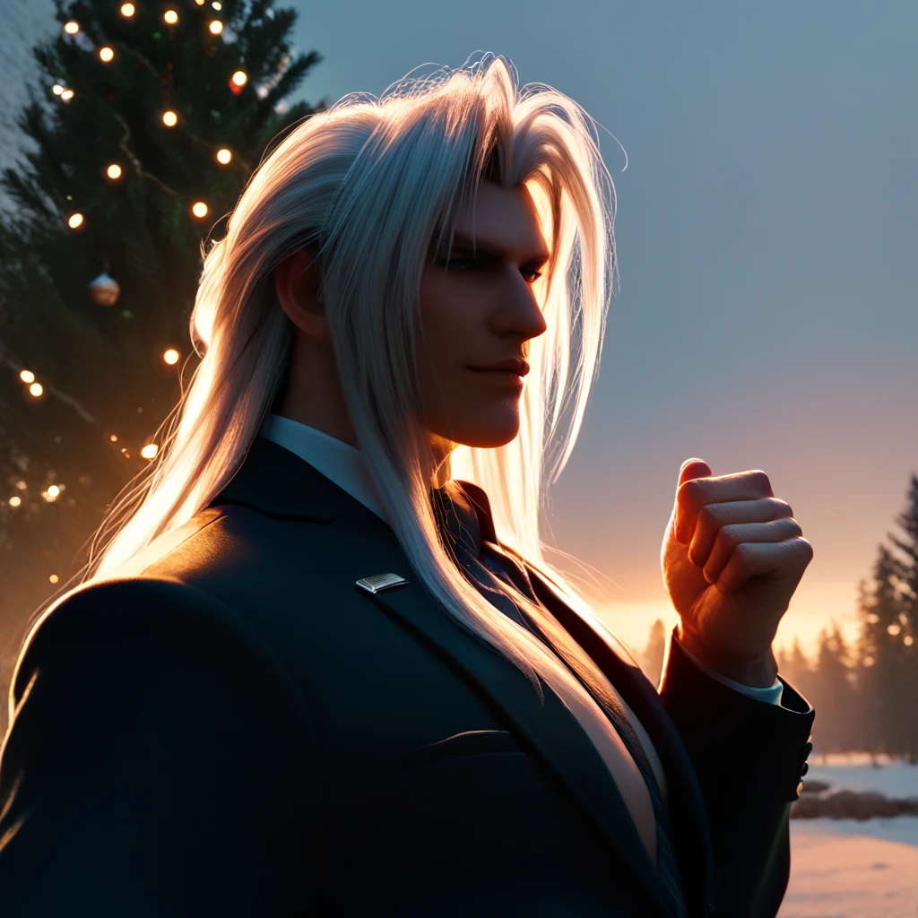  Sephiroth Christmas tree with a winter forest in the background , handsome charming man, Macho,   behind a huge pine tree,  high quality photo,  masterpiece fails, professional shooting ,  professional lighting , 2k, detail