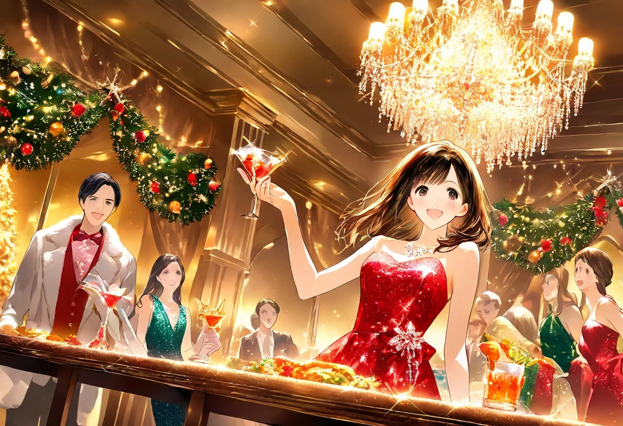  Christmas party , Dress Up,  chandelier, glass, smile,  glitter,  cocktails, woman, fellow, luxury