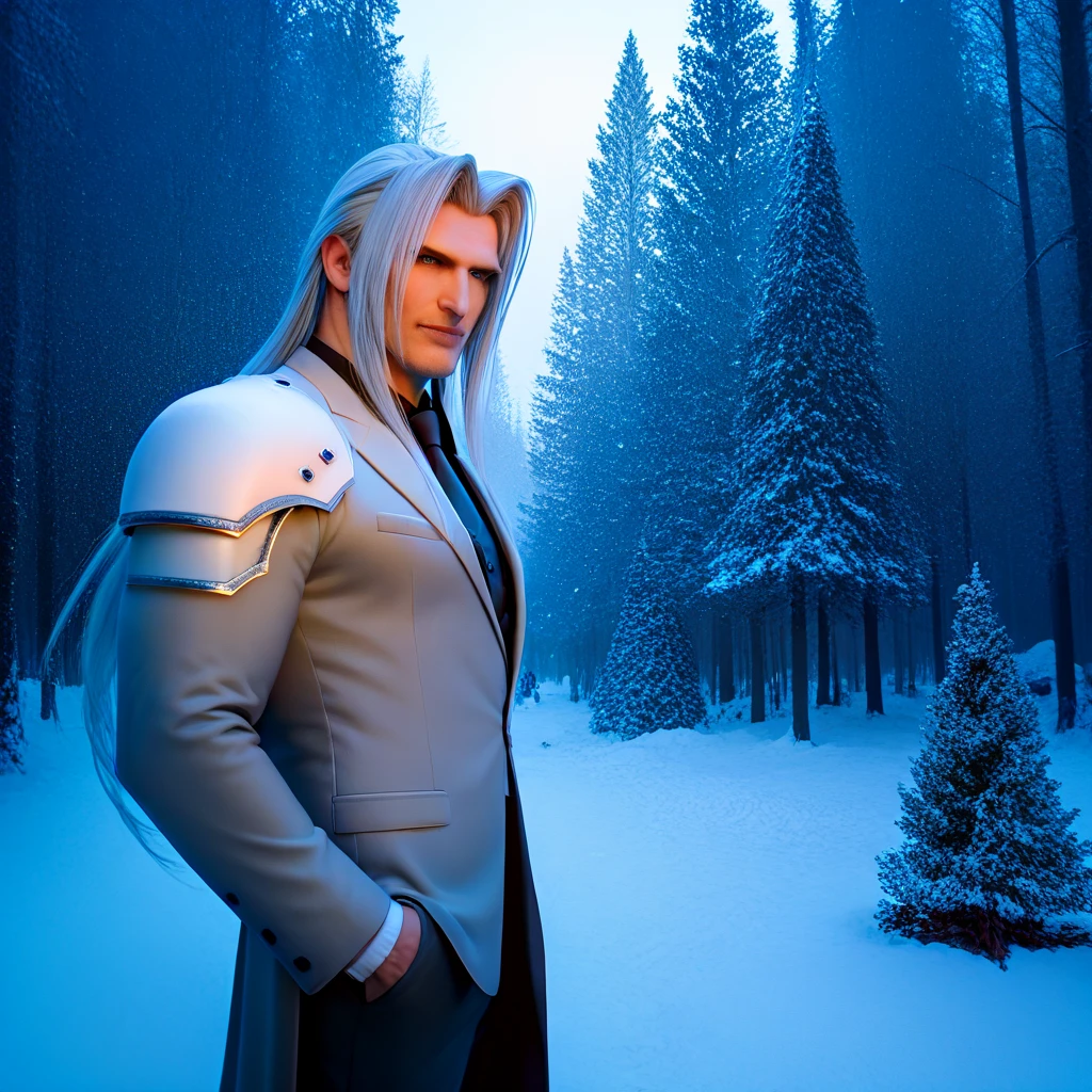  Sephiroth Christmas tree with a winter forest in the background , handsome charming man, Macho, in armor,  behind a huge pine tree,  high quality photography,  masterpiece fails,  professional shooting ,  professional lighting, 2k, detail against the background of a deep snowy forest