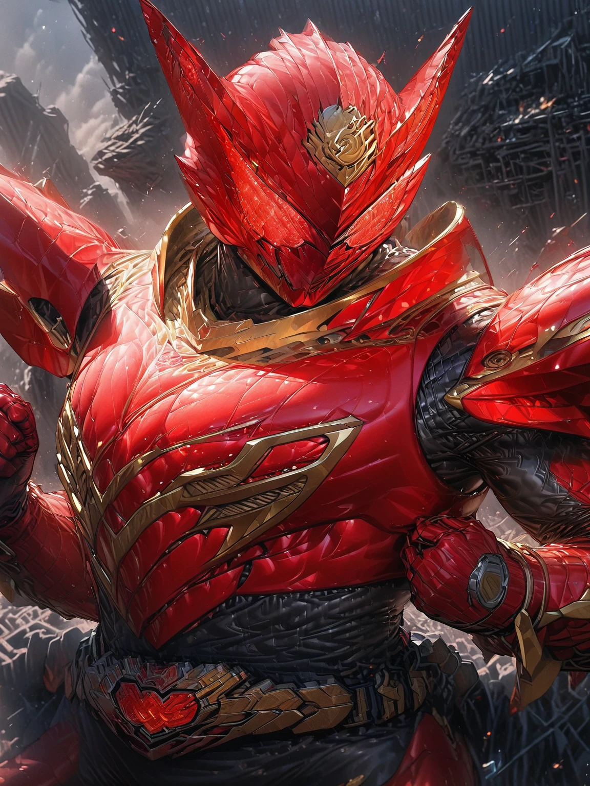 score_5_up,masterpiece , Very high quality , 8k ,[kamen rider] , [gold and red metal suit], Detailed Images , 1guy , ((belt)) , High resolution, beautiful breast , accurate, Anatomically correct, Illustration,Red glowing eyes,Combat pose