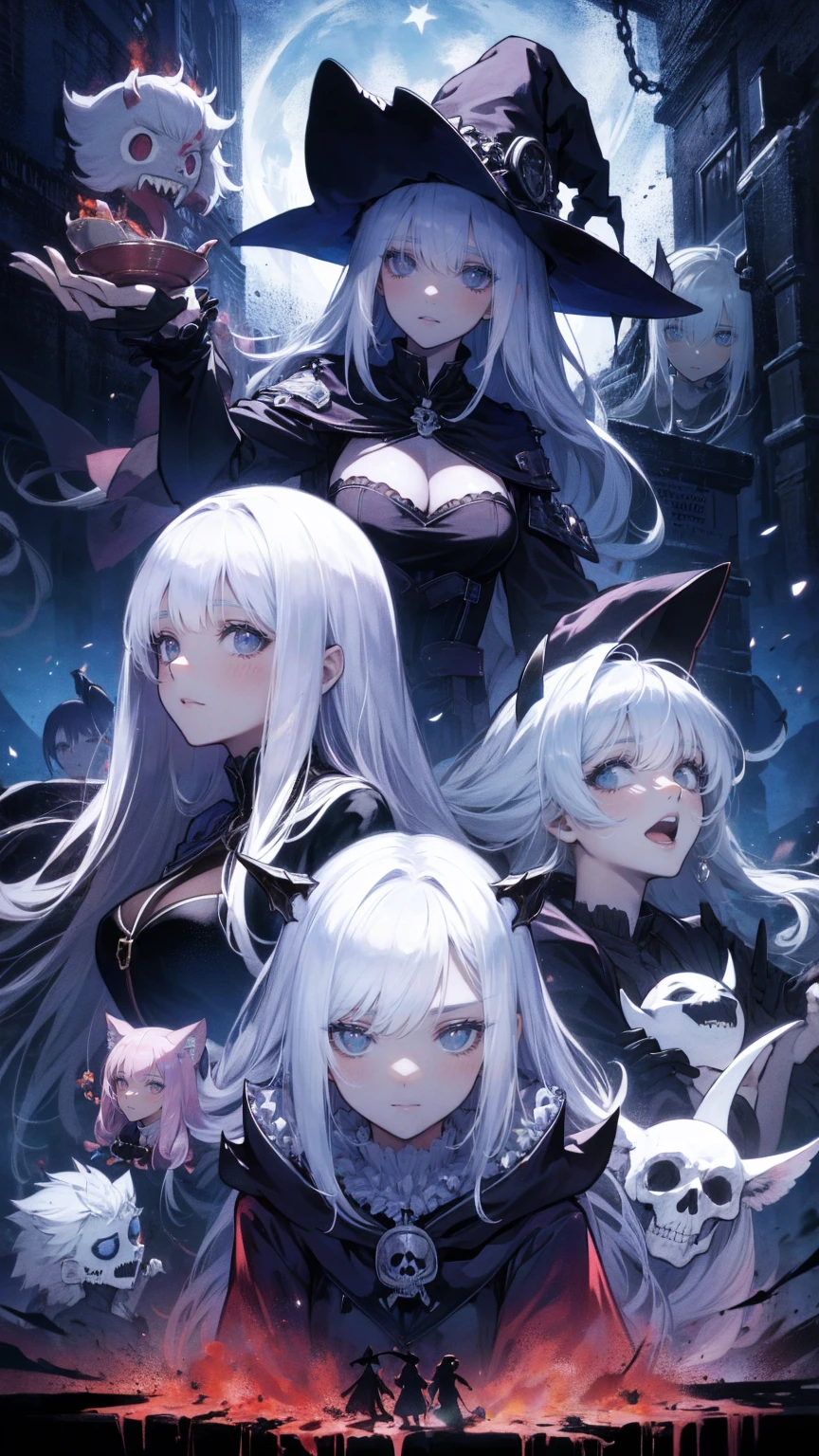 ,  multiple girls,Frolicking Girl,  multiple women  ,Tea Party,Crazy Smile,  looks up,Face shot,Scythe Face,Girl Monster  ,  slave, beautiful, Detailed portrait, Kind Face ,  sharp eye,  sharp fangs,  blue-white skin, Thick Chain,  dark background  , movie lights, Dramatic Shadows, gothic,  Gloomy Atmosphere  , Dark fantasy,  One Girl , , , please open your mouth wide,  open your mouth to show your teeth ,Sharp teeth like a beast, Wide lips, Very big mouth,  red cheeks  , ,(  Brad Spreter  :1.3),Scary face, Laughter　Witch design, Twisted Smile、Bloody、  blood is flowing from the head  ,、  Brad Spreter  、,(  Brad Spreter  :1.3),Crossbones,  skull bones,　, Horror Style, (( Fantasy Witch Costume )), ((White hair fluttering)), ,(  Brad Spreter  :1.3),Female Curves, Big Breasts ,  thigh thickness,  Sexy Flat Stomach  , perfect hand, Perfect anime face, ((Dark Tadres)),  standing with different breasts , ((  Evil Smiles )), ,(  Brad Spreter  :1.3),Victorian city, Gas lamp  , Steam circulation, Moonlight Illumination,  Night Lighting , A sky filled with stars and galaxies,disaster々New Devil Horns,,(  Brad Spreter  :1.3),アニメゾンビWitch design, Twisted Smile、Bloody、  blood is flowing from the head  ,、  Brad Spreter  、,(  Brad Spreter  :1.3),Crossbones,  skull bones,
