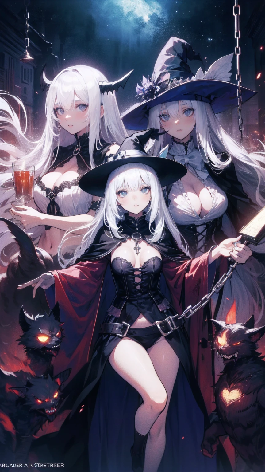 ,  multiple girls,Frolicking Girl,  multiple women  ,Tea Party,Crazy Smile,  looks up,Face shot,Scythe Face,Girl Monster  ,  slave, beautiful, Detailed portrait, Kind Face ,  sharp eye,  sharp fangs,  blue-white skin, Thick Chain,  dark background  , movie lights, Dramatic Shadows, gothic,  Gloomy Atmosphere  , Dark fantasy,  One Girl , , , please open your mouth wide,  open your mouth to show your teeth ,Sharp teeth like a beast, Wide lips, Very big mouth,  red cheeks  , ,(  Brad Spreter  :1.3),Scary face, Laughter　Witch design, Twisted Smile、Bloody、  blood is flowing from the head  ,、  Brad Spreter  、,(  Brad Spreter  :1.3),Crossbones,  skull bones,　, Horror Style, (( Fantasy Witch Costume )), ((White hair fluttering)), ,(  Brad Spreter  :1.3),Female Curves, Big Breasts ,  thigh thickness,  Sexy Flat Stomach  , perfect hand, Perfect anime face, ((Dark Tadres)),  standing with different breasts , ((  Evil Smiles )), ,(  Brad Spreter  :1.3),Victorian city, Gas lamp  , Steam circulation, Moonlight Illumination,  Night Lighting , A sky filled with stars and galaxies,disaster々New Devil Horns,,(  Brad Spreter  :1.3),アニメゾンビWitch design, Twisted Smile、Bloody、  blood is flowing from the head  ,、  Brad Spreter  、,(  Brad Spreter  :1.3),Crossbones,  skull bones,
