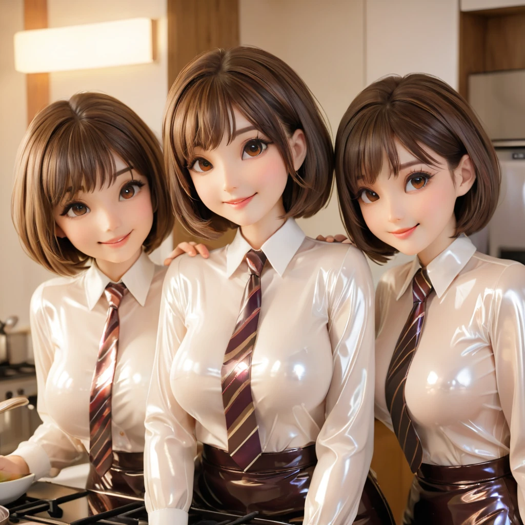 3 girls,  buttoned into extremely tight shiny latex blouse, Necktie, Striped patterns , bob cut, brown hair , Breasts, smile, Lens reflection,  reflecting light ,  are in the apartment cooking, embrace 