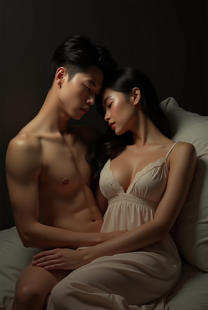 1 man and 1 woman lying on the bed,Show your shoulders,With eyes closed,Calm expression,Covered with a towel,Lie flat on your back on the bed,High top view,Full body image