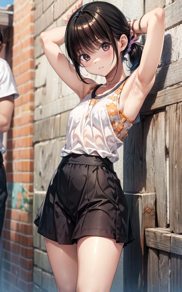 girl  ,  small breasts,  sleeveless shirt bare arms , arms up armpits ,  short short short black hair combing ponytail, tez bronceada  high resolution ,  high resolution ,  Masterpiece,  tall details ,  Masterpiece,  Precise, HD model,   1 niña,  piel bronceada Gyaru