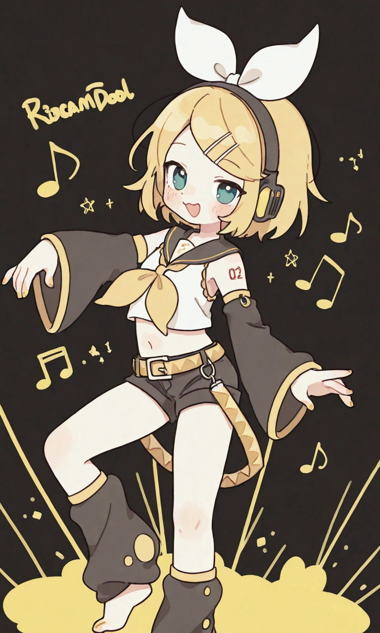 KAGAMINE RIN\(vocaloid\),solo,1female\(cute,kawaii,KAGAMINE RIN\(vocaloid\),chibi,light yellow hair, short hair,red tattoo of numbers"02" on shoulder,(big white bow),sleeveless white shirt,detached black arm bell sleeves,(arm sleeves are black bell sleeves:1.2),belt,sailor collar,yellow wide tie,white headphones,black short pants,black knee high leg warmers,yellow key strap at belt,open shoulder,singing and dancing,(very cute pose:1.5),(korean idol pose:1.5),dynamic pose,(very cute big smile),(dynamic action)\). BREAK .background\(live stage,colorful confetti,pastel color spotlights,(many colorful music note signs),many audience waving yellow glow sticks,\). BREAK .quality\(8k,wallpaper of extremely detailed CG unit, high resolution, top-quality, top-quality real texture skin, hyper realistic, increase the resolution, RAW photos, best quality, highly detailed, the wallpaper, golden ratio, high saturation realism, vibrant colors, dramatic lighting, persuasive storytelling, atmospheric scenery, captivating visuals, intricate details, strong emotions, dreamlike world\),dynamic angle