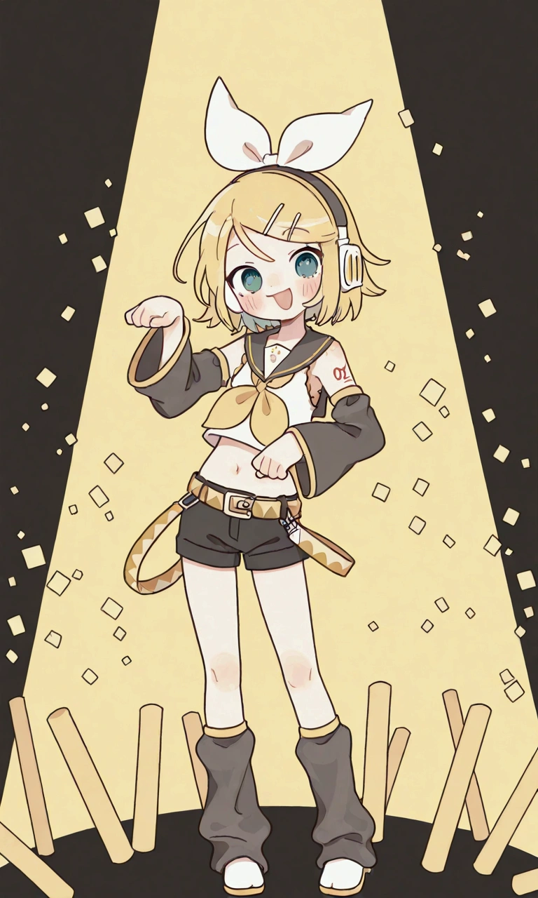 KAGAMINE RIN\(vocaloid\),solo,1female\(cute,kawaii,KAGAMINE RIN\(vocaloid\),chibi,light yellow hair, short hair,red tattoo of numbers"02" on shoulder,(big white bow),sleeveless white shirt,detached black arm bell sleeves,(arm sleeves are black bell sleeves:1.2),belt,sailor collar,yellow wide tie,white headphones,black short pants,black knee high leg warmers,yellow key strap at belt,open shoulder,singing and dancing,(very cute pose:1.5),(korean idol pose:1.5),dynamic pose,(very cute big smile),(dynamic action)\). BREAK .background\(live stage,colorful confetti,pastel color spotlights,(many colorful music note signs),many audience waving yellow glow sticks,\). BREAK .quality\(8k,wallpaper of extremely detailed CG unit, high resolution, top-quality, top-quality real texture skin, hyper realistic, increase the resolution, RAW photos, best quality, highly detailed, the wallpaper, golden ratio, high saturation realism, vibrant colors, dramatic lighting, persuasive storytelling, atmospheric scenery, captivating visuals, intricate details, strong emotions, dreamlike world\),dynamic angle