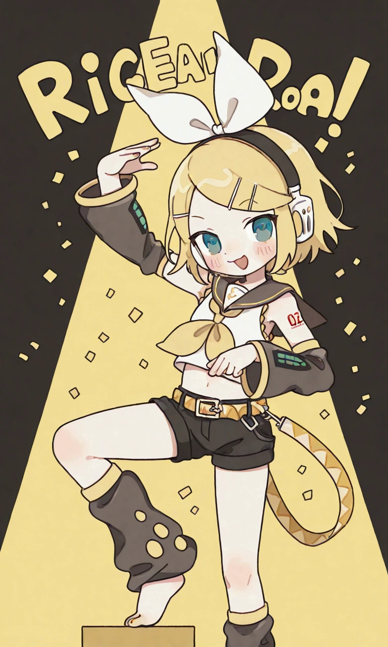 KAGAMINE RIN\(vocaloid\),solo,1female\(cute,kawaii,KAGAMINE RIN\(vocaloid\),chibi,light yellow hair, short hair,red tattoo of numbers"02" on shoulder,(big white bow),sleeveless white shirt,detached black arm bell sleeves,(arm sleeves are black bell sleeves:1.2),belt,sailor collar,yellow wide tie,white headphones,black short pants,black knee high leg warmers,yellow key strap at belt,open shoulder,singing and dancing,(very cute pose:1.5),(korean idol pose:1.5),dynamic pose,(very cute big smile),(dynamic action)\). BREAK .background\(live stage,colorful confetti,pastel color spotlights,(many colorful music note signs),many audience waving yellow glow sticks,\). BREAK .quality\(8k,wallpaper of extremely detailed CG unit, high resolution, top-quality, top-quality real texture skin, hyper realistic, increase the resolution, RAW photos, best quality, highly detailed, the wallpaper, golden ratio, high saturation realism, vibrant colors, dramatic lighting, persuasive storytelling, atmospheric scenery, captivating visuals, intricate details, strong emotions, dreamlike world\),dynamic angle