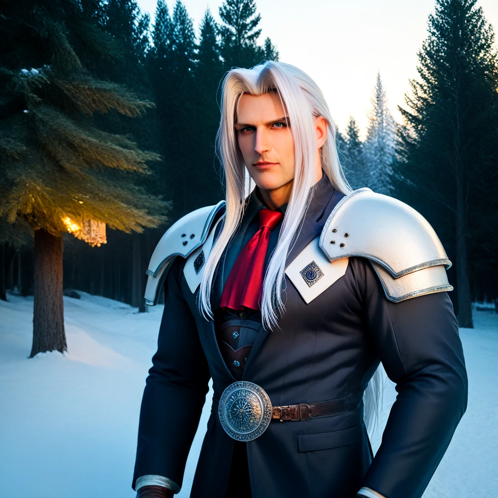  Sephiroth Christmas tree with a winter forest in the background ,  handsome charming man in fantasy medieval clothes, macho man with long white hair , in armor,  behind a huge pine tree,  high quality photo,  masterpiece fails,  professional shooting ,  professional lighting , 2k,  detail against the backdrop of a dense snowy forest 