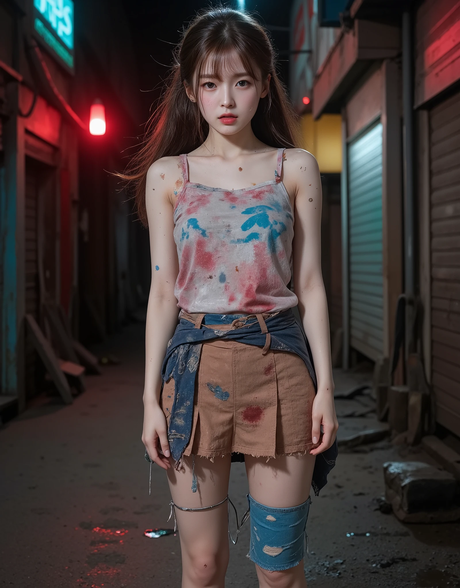NSFW, mud, dirt, xlr_skin, 3am,
realistic, Press photo, Documentary Technique,
hasselblad, 85mm f1.4 zeiss lens, HDR,
(full body visible:1.5),
In this photo she is seen from head to toe,
the ground she is standing on is wet,
facing the camera, looking at the camera,
young korean girl,
pony tail, bangs,
arin is Cheap hookers in the slums, poor whore, slutty whore, (very young whore:1.3),
arin is ultimate_beautiful_girl,
she is lowteen,
big round brown eyes,
she has very white skin,
Her skin is very white but covered with numerous scars and bumps,
she has dark brown hair,
her legs is fat,
The costume consisting of a tank top on top and an ultra-miniskirt on bottom is a stage outfit she wore when she was an idol but it is old and very dirty,
The tank top has a heart pattern on it,
Her clothes are so stained that their original pink colours are barely recognisable,
her clothes are thin,
Her clothes are old and very dirty,
She is not wearing underwear,
she is not wearing panties,
she is very dirty,
She has a tattoo of a poop pattern carved in ink on her stomach,
She is in the early stages of pregnancy,
The bulge in her stomach is still not noticeable,
Her hair is very dirty,
Her skin is very dirty,
She's disillusioned with life and feeling hopeless,
She is a slum dweller and is very dirty,
she looks unhealthy,
she prostitutes herself in the slums,
her customers are beggars,
she has many wart,
she has many scars,
Her clothes have a lot of stains,
some of stains are black some yellow some red,
Her clothes are torn in places,
The slums are dark at night,
only the brothel's red lantern glows dimly,
She beckons the men with a blank look on her face,
A room in a cheap apartment in a slum,
She lives in a tiny, filthy room in the slums,
where she sells herself,
extremely small,
windowless,
messy room,
Dirty mattresses on the floor,
the room full of garbage, trush, garbage, sluminterior, porn, nude, cum, cum drip, cumrag, cumrag clothes, cumrag object, It's a dark