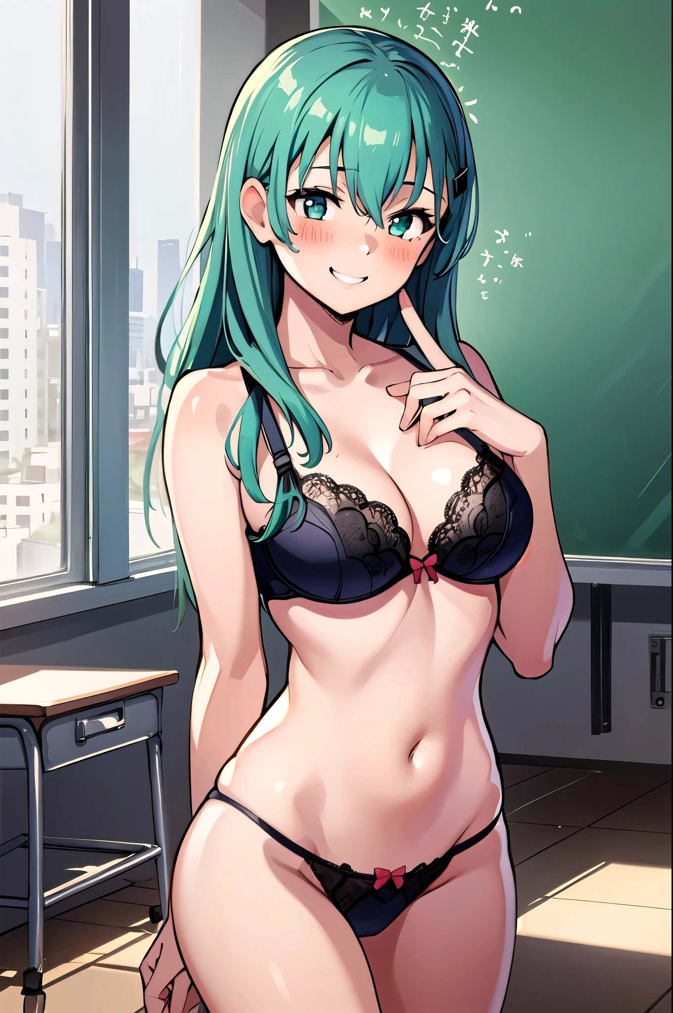 masterpiece,  top quality, 1 girl,(Suzuya_  fleet collection , masterpiece),  top quality,  high definition , 1 girl, blush, smile, , ( panties), ( bra), ( lingerie ), ( fancy underwear), (Completely naked), (Classroom Background, Living Room Background,  office background)
