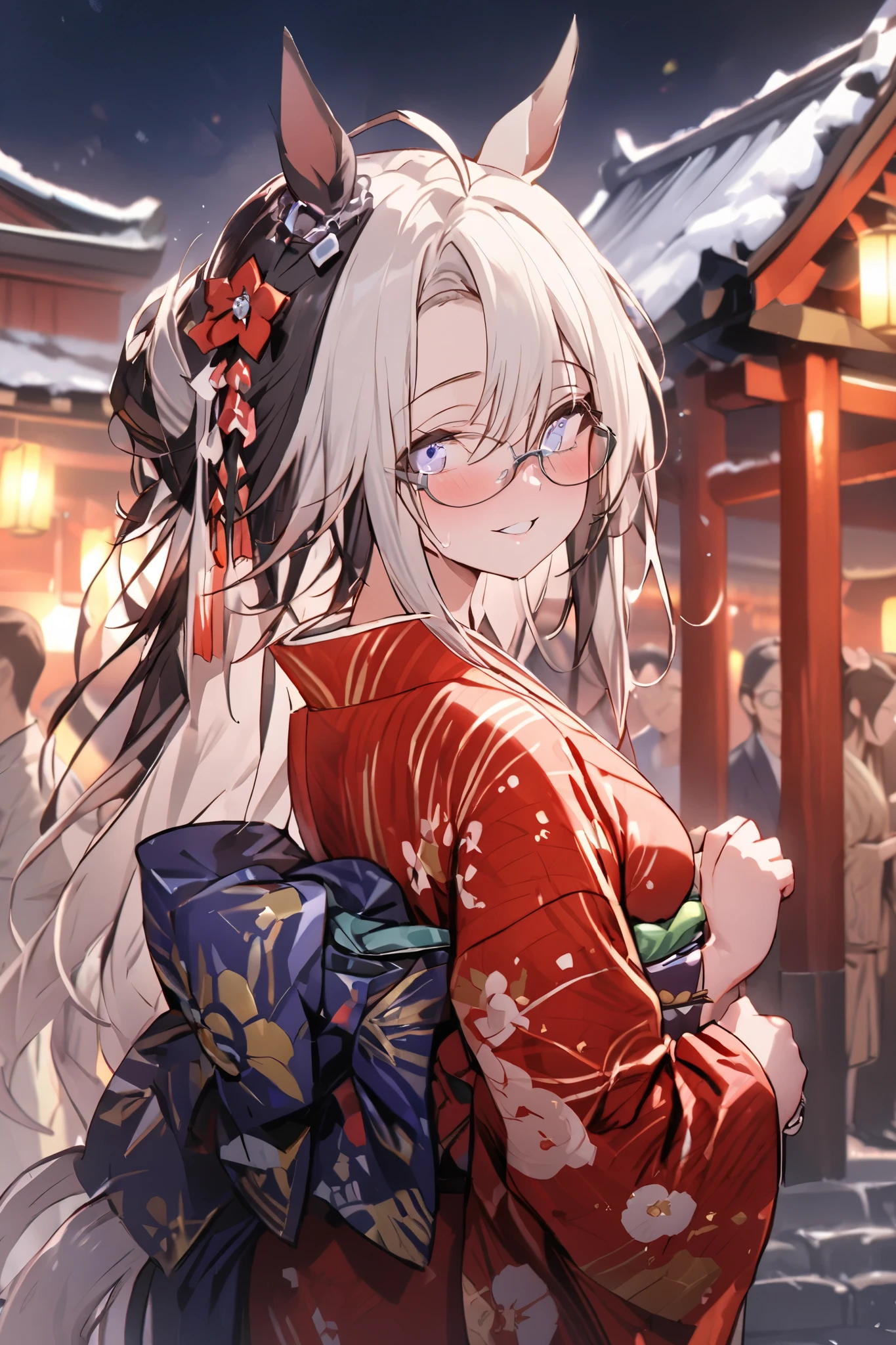 NSFW,masterpiece, top quality, high definition , very detailed,Dream Journey,Dream Journey\(Horse Girl\),Glasses,Two-tone hair, kimono,yukata,shrine,Festivals