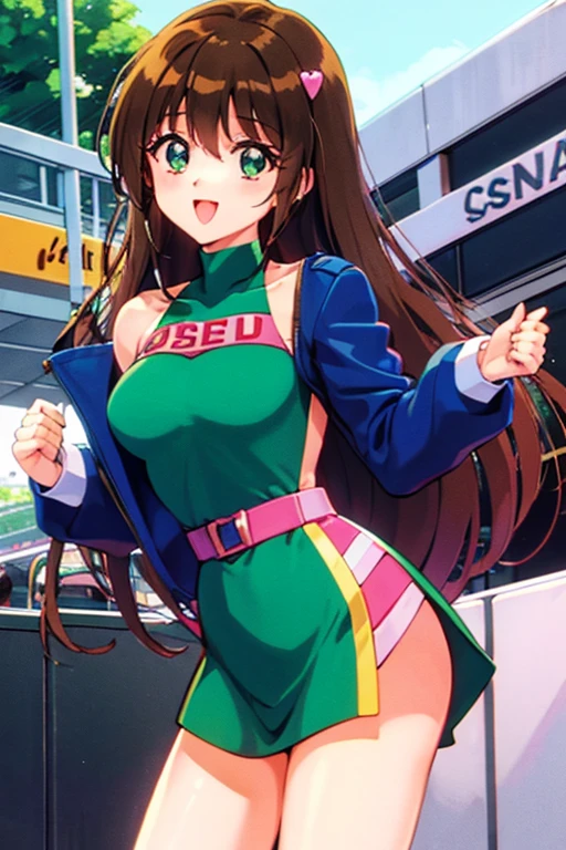 Asusdol,  1 girl, Alone,  heart,  hair ornament,emerald green eyes、 jacket,  dress, open mouth, 1990s ( style for stilets), looking at viewer, smile,  outdoor, null,  Cowboy Shot ,  clevis cut out,  race queen 、lean forward