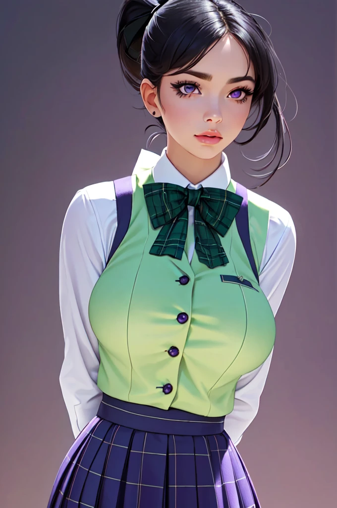(ultra realistic,32k,RAW photo:1.1),(high detailed skin:1.1), 8k uhd, dslr, high quality, film grain,(makeup, mascara:1.1), lips,(thick\lips\),
(shiny glossy translucent clothing:1.1), <lora:Aria_Senran-Kagura:0.5>ariaSK, black hair, ponytail, hair ribbon, black ribbon, very long hair, (purple eyes:0.8), Def: white shirt, green vest, purple bowtie, green skirt, plaid skirt, school uniform, <lora:add_detail:0.93>, huge breast, (upper body:1.2),
arms behind back, leaning forward,
(busty:1.1) , (chubby:0.1),(refraction:1.2), <lora:LowRA:0.4>, dark theme blank background <lora:bursting breasts by Goofy Ai:1>