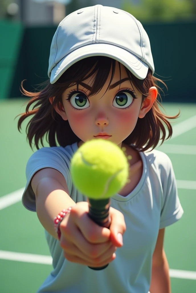 a beautiful girl holding a tennis racket, pixar style, highly detailed, cinematic lighting, vibrant colors, photorealistic, 8k, masterpiece, professional 3d render, beautiful detailed eyes, beautiful detailed lips, extremely detailed face, long eyelashes, athletic body, dynamic pose, sports equipment, outdoor tennis court, blue sky, green grass, sun flare, cinematic camera angle