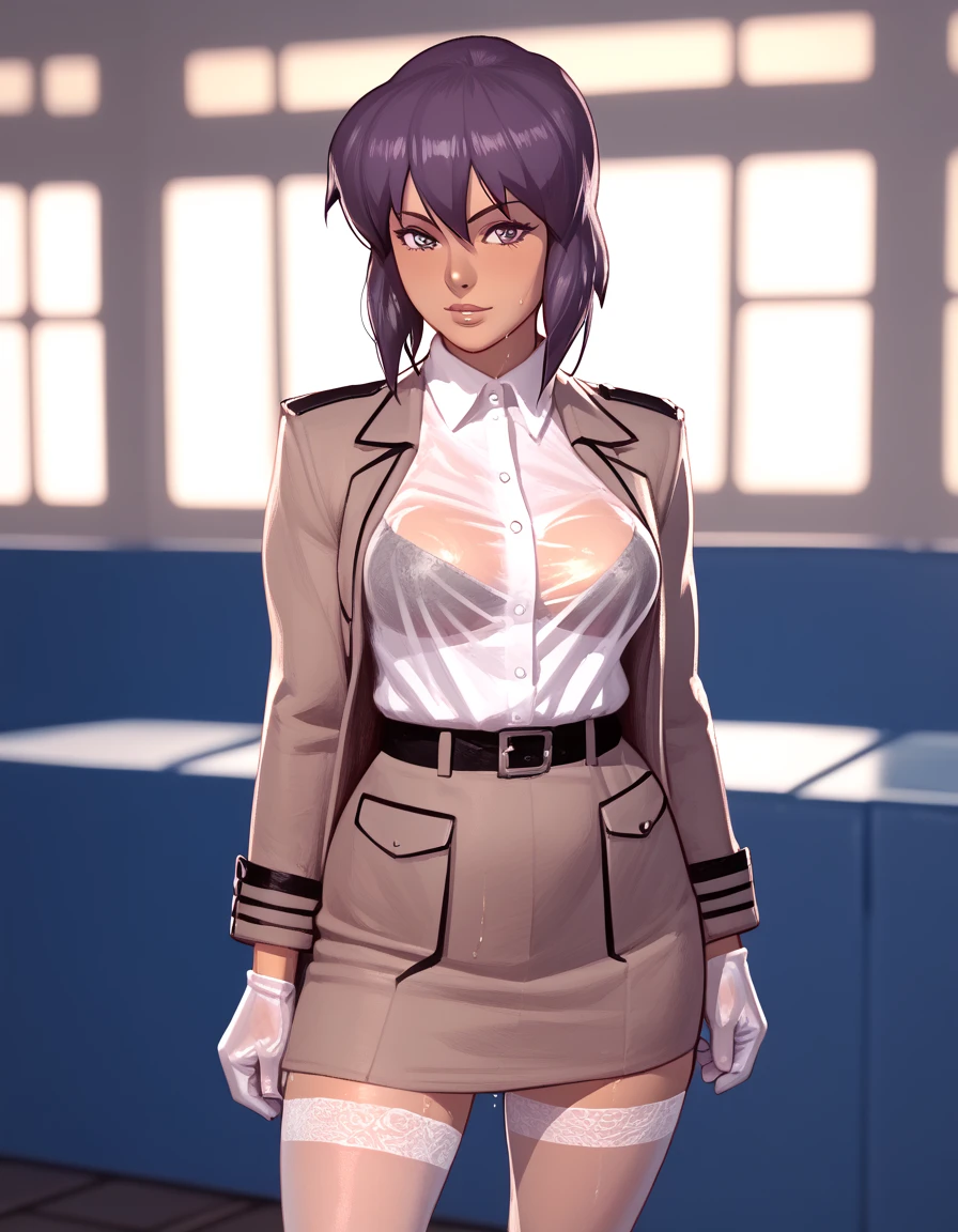 NSFW render of motoko kusanagi hentai scenes. motoko is alone in a dark and wet parking garage. she is wearing her tan military dress uniform. tan jacket, white undershirt, red dit, skirt, pantyhose. . author: (fossa666:1.5)r (taran fiddler:1.5),\ (pixel sketcher:1.4) masterpiece, detailed Bonifasko lighting, [crepuscular ray], best details, real life, depth of field, detailed background ; dim lighting, flashlight lighting, solo, . . ,female, (motoko kusanagi ), (\), ,, (motoko kusanagi:1.2), seductive walk, femme, genitals, , medium breasts, clear details, (, realistic sweaty skin textures, translucent body, you can see under her skin, , ,s, stand alone complex, various poses, ,, gloves, stockings, 1girl, one girl, 1girl, solo,
