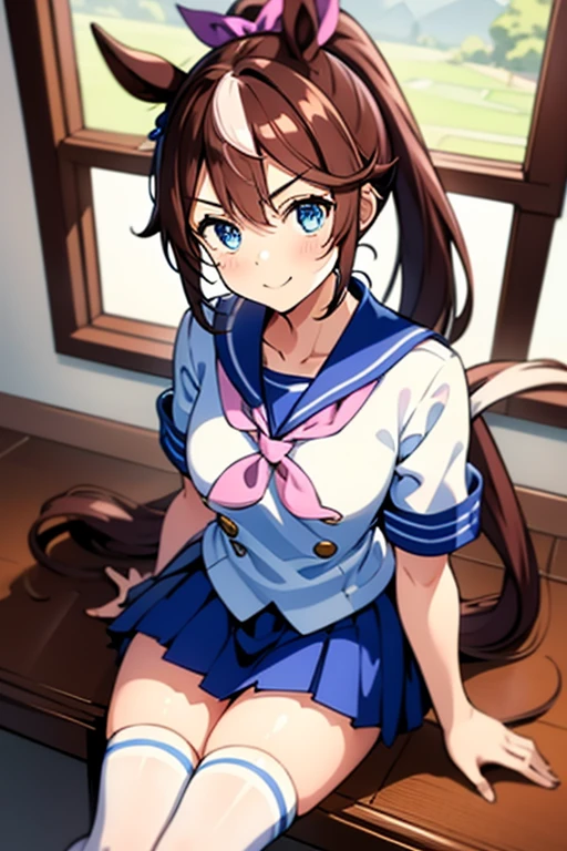 A woman with brown hair, bikini, girl, lifts up the skirt to reveal underwear, labia, pubic mound, camel toe, table, hands on the table, labia rub against the corner of the table, woman at the corner of the table, wet underwear, gentle, sailor uniform , wearing a pink and white sailor suit, blue eyes, racing girl, Du Qiong, smile, gentle, covering one eye, light blue eyes, hairpin, halodon't have excessive composition problems, masterpiece, perfect composition, fine characterization, extreme details, coordination of light and shadow (correct proportion of facial features), (exquisitely carved face), epic work, 8K, (representative work), ( high quality), (super detailed), ((illustration)), skirt, black stockings