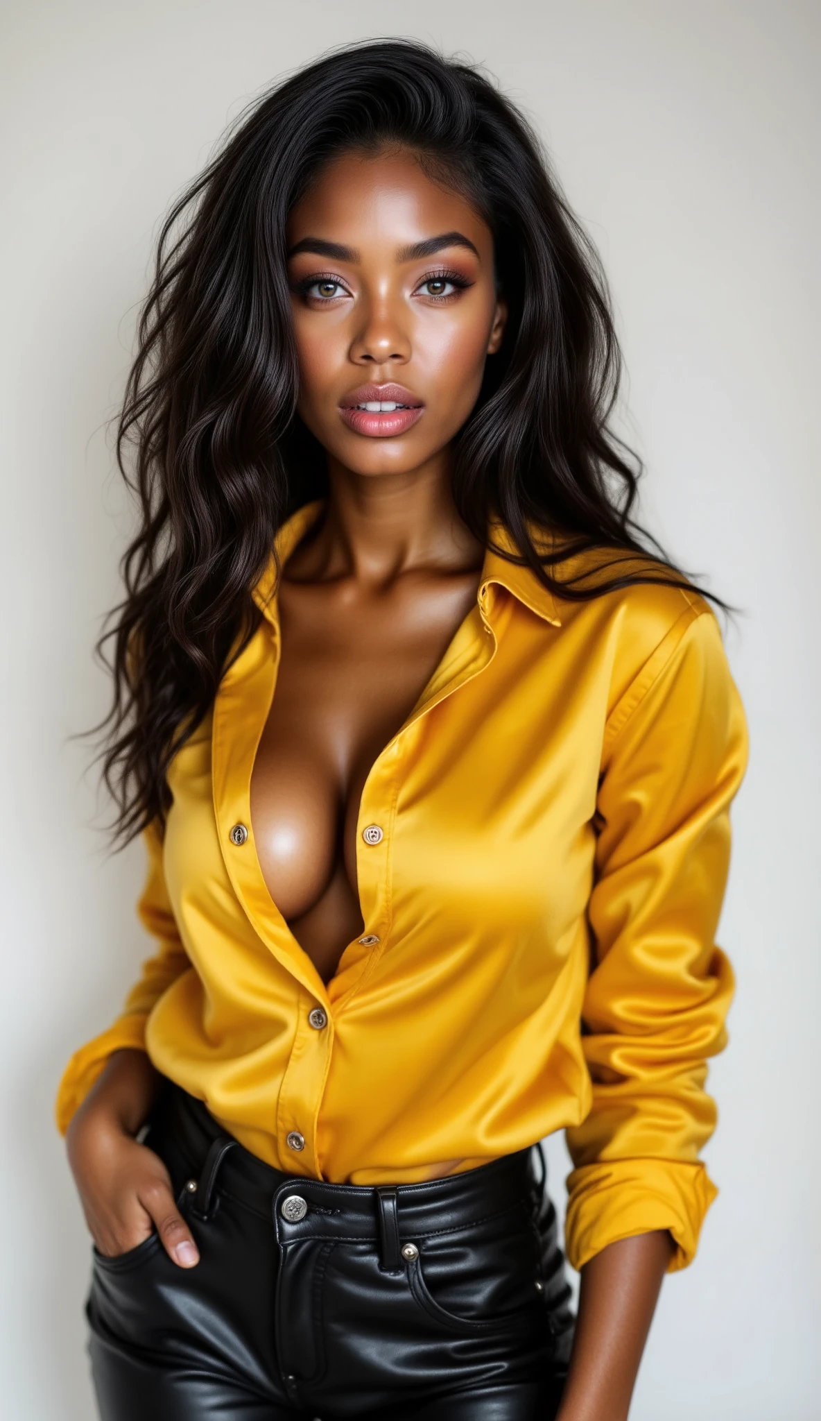 Ebony Girl) with an shiny yellow satin button down shirt with medium breasts, leather pants, seductive, perfect bold makeup, white studio background, side profile