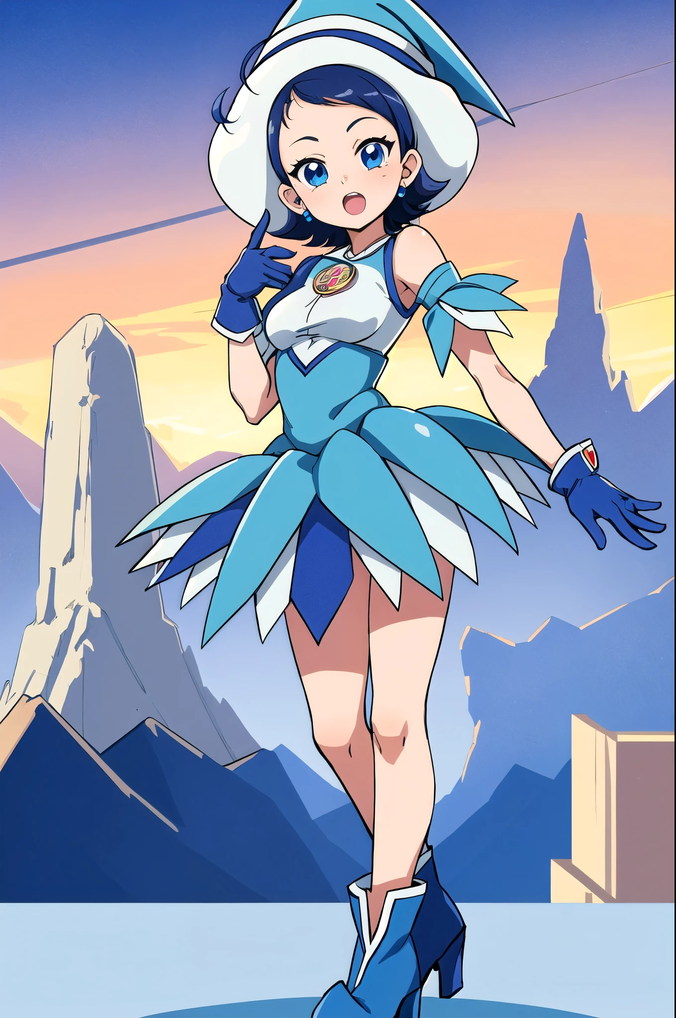 NSFW, Nude, Top-quality, Super high resolution, masterpiece, highres, 8k, UHD, detailed lighting, shaders, (Anime screencap, Anime coloring:1.1), Evelyn, 1girl, solo, (Big boobs, Voluptuous, Plump, Chubby:1.2), Thick thighs, Big ass, Short hair, Blue hair, bangs, Blue eyes, Eyes are glowing, Beautiful eyes, Eyelashes, Middle part, Top hat, Dress, Black gloves, Elbow gloves, Black Pantyhose, High heels, sunlight, cloudy, Smile, cowboy shot, Fullbody, close-up, From below, looking at viewer, Blue sky