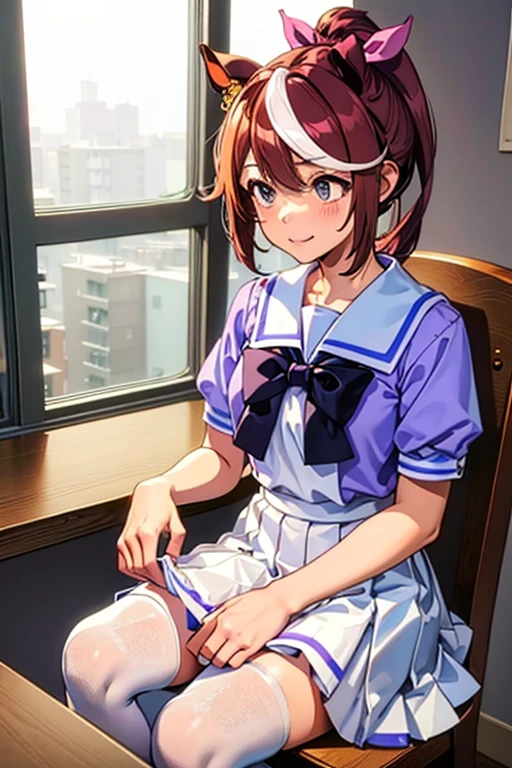 Tokai Teio,smile,high ponytail,streaked hair,fake animal tails,girl,best quality,tracen school uniform, sailor collar, bowtie, purple shirt, sailor shirt, short sleeves, white skirt, white thighhighs,white kneehighs,Narrowed sleeves, long chair,sitting,blue line on the edge of the white skirt,