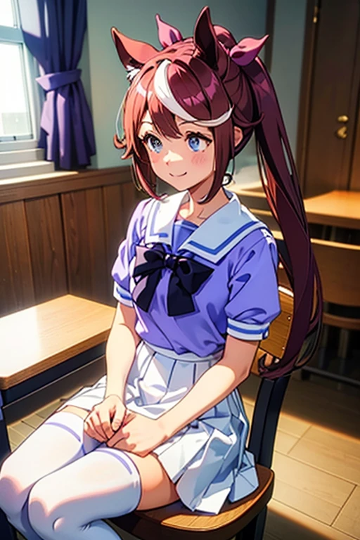 Tokai Teio,smile,high ponytail,streaked hair,fake animal tails,girl,best quality,tracen school uniform, sailor collar, bowtie, purple shirt, sailor shirt, short sleeves, white skirt, white thighhighs,white kneehighs,Narrowed sleeves, long chair,sitting,blue line on the edge of the white skirt,