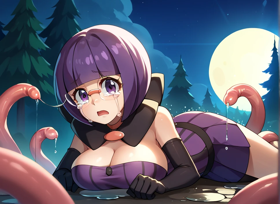 score_9, score_8_up, score_7_up, score_6_up, source_anime, 1girl, solo,  shauntal, purple hair, blunt bangs, bob cut, purple eyes, round glasses, black capelet, large bow, purple shirt, collarbone, cleavage, buttons, purple skirt, long sleeves, black gloves, elbow gloves, black pantyhose, huge breasts, night sky, night, forest, eyelashes, bare shoulders, sleeveless, elbow gloves, dress, striped dress, halterneck, choker, hair ornament,

  perfect lighting, best quality, masterpiece, light rays, professional photograph, perfect quality, gorgeous lighting,  masterpiece, concerned, tears, thicc, open mouth, bare shoulders, perky breasts, skin, high quality, Thicc, outside, raining, cleavage, looking at viewer, forest, night, crying, tentacles, defeated, crying, tears, torn clothes, ripped clothing, no strap, belly button, puddle, tentacle grap writs, slimy, wet clothes, full moon, held down, penetration, forced, penetrate, white water, broken breastplate, laying down, back on ground, on back, clouds, strapless dress, side of boob