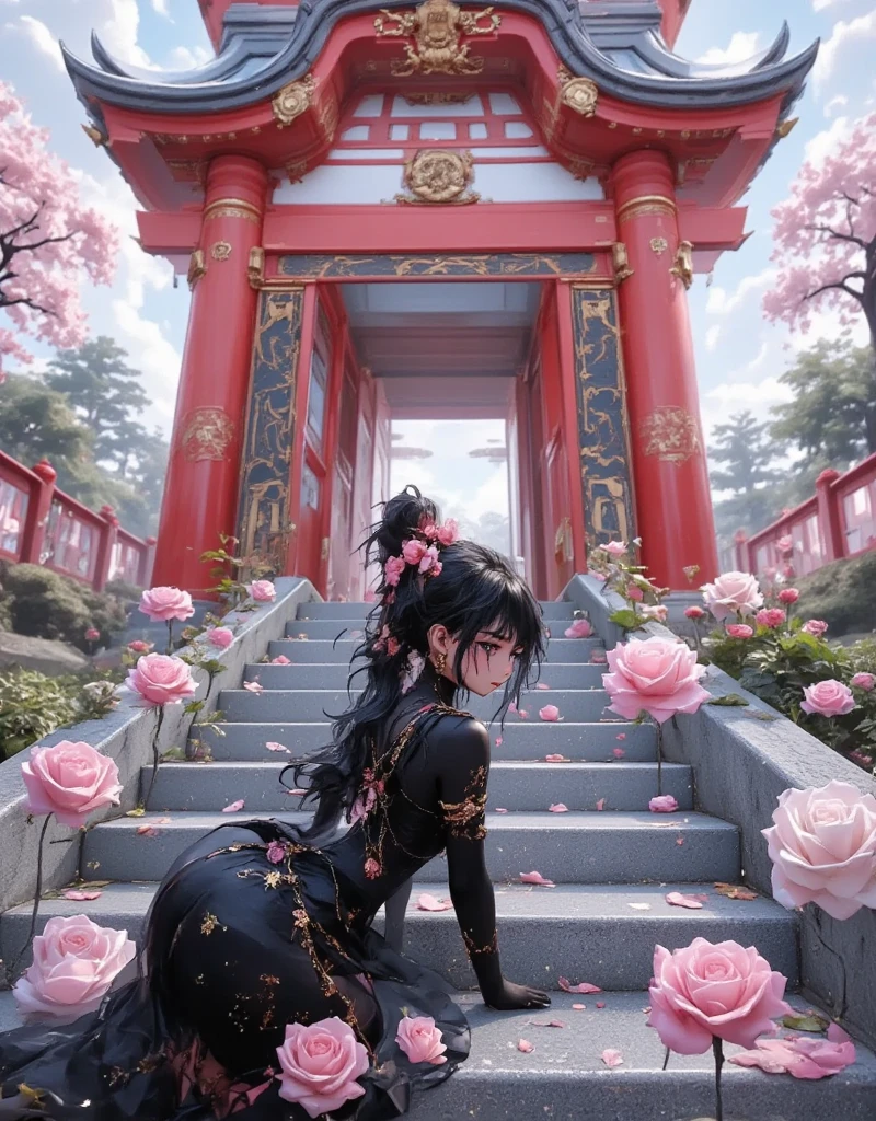 a beautiful miko girl with a warm smile sitting on the steps of a traditional Japanese shrine, wearing a hakama skirt, highly detailed, 8k, ultra-realistic, cinematic lighting, photorealistic, digital art, masterpiece